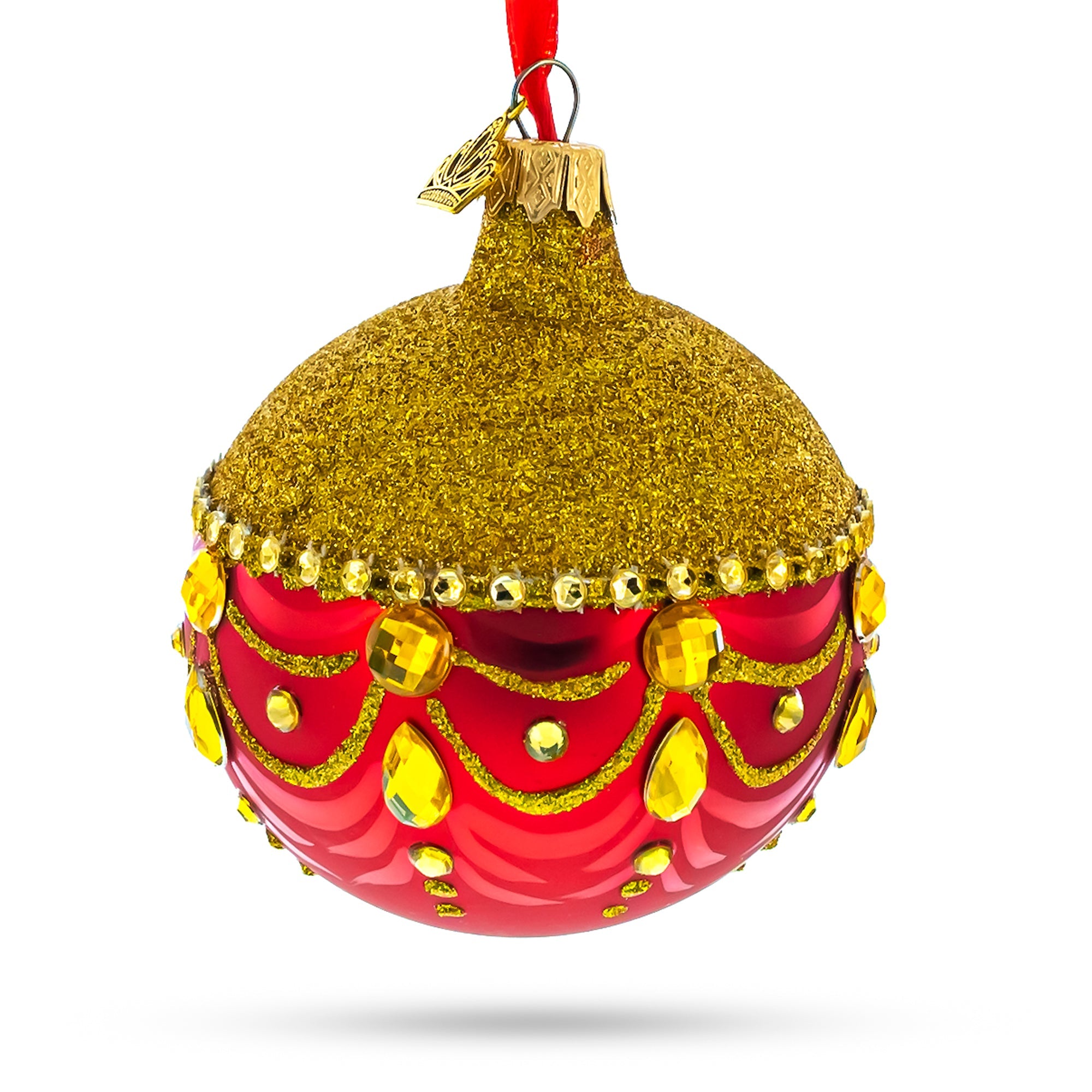 Radiant Elegance: Glittered Golden Top Red Bottom Blown Glass Ball Christmas Ornament 3.25 Inches