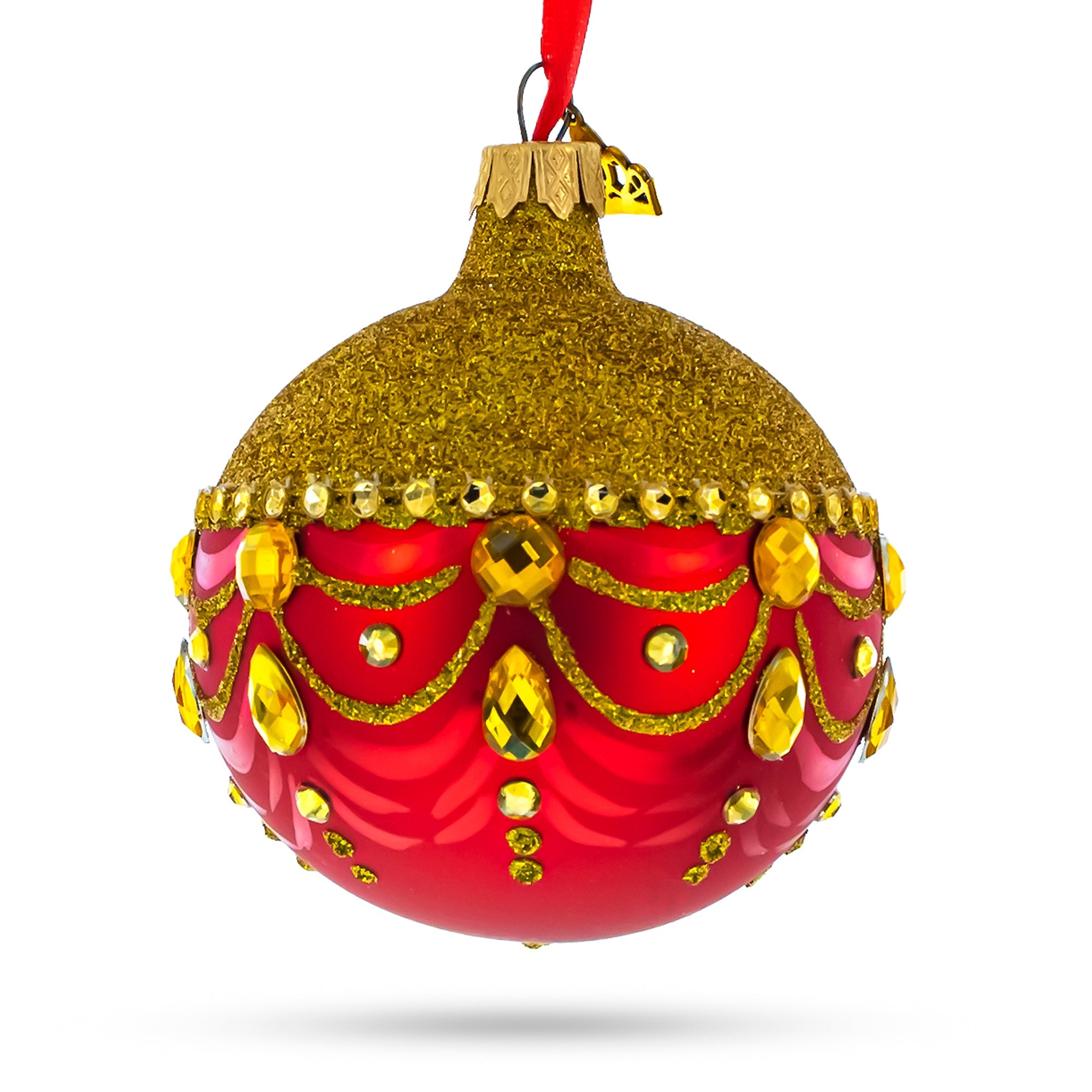 Radiant Elegance: Glittered Golden Top Red Bottom Blown Glass Ball Christmas Ornament 3.25 Inches