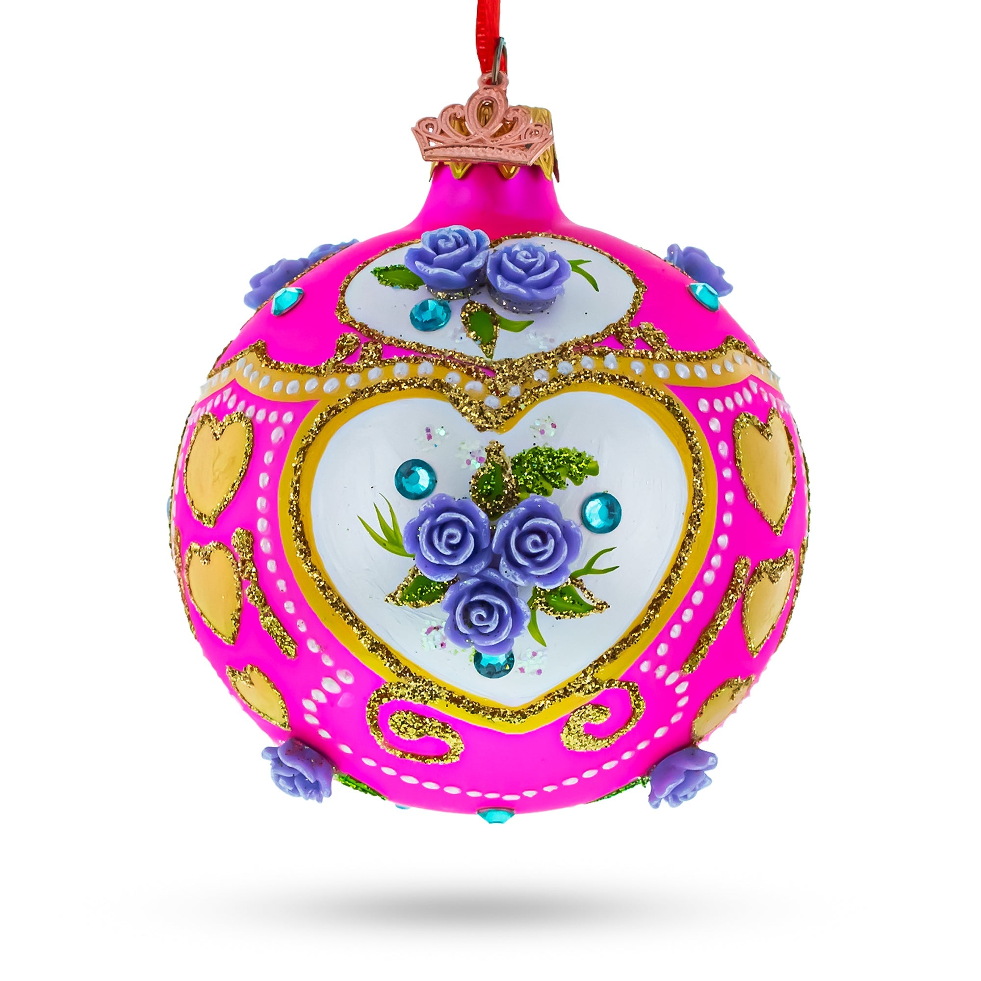 Three-dimensional Roses On Pink Blown Glass Ball Christmas Ornament 3.25 Inches