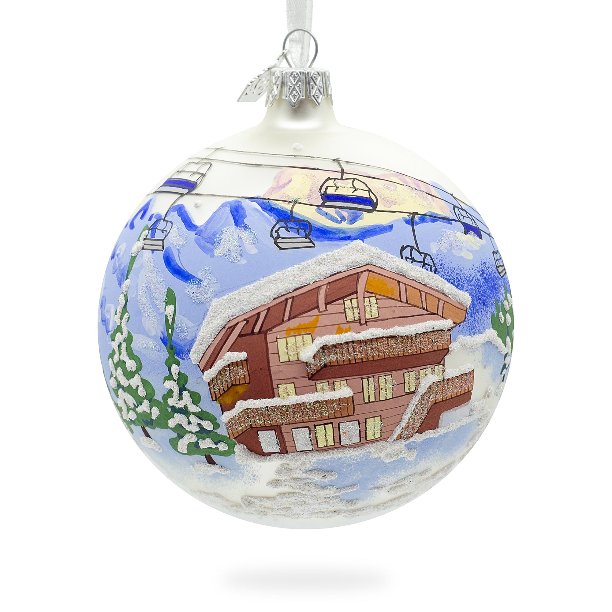 Chalet And Ski Lifts In The Mountains Glass Ball Christmas Ornament 4 Inches