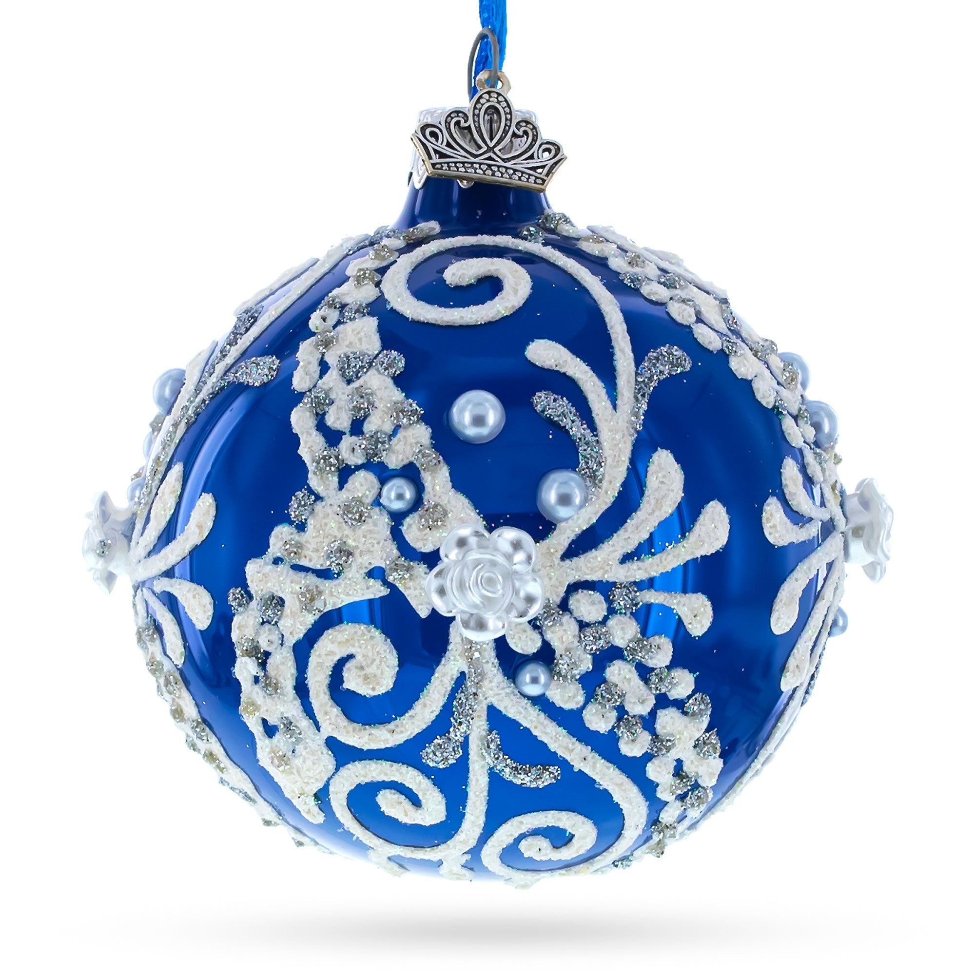 Snow Swirls On Blue Glass Ball Christmas Ornament 3.25 Inches