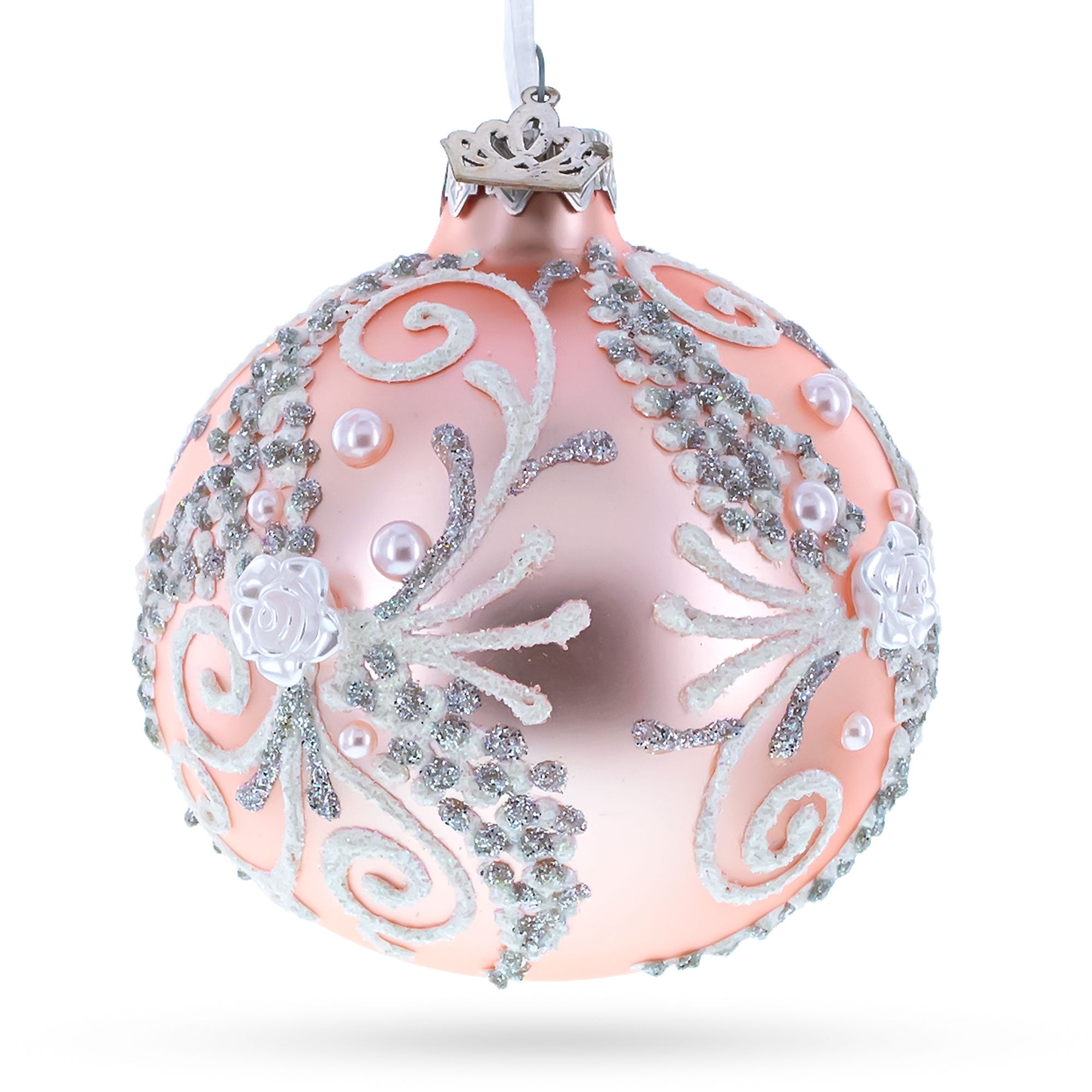 Snow Swirls On Pink Glass Ball Christmas Ornament 3.25 Inches