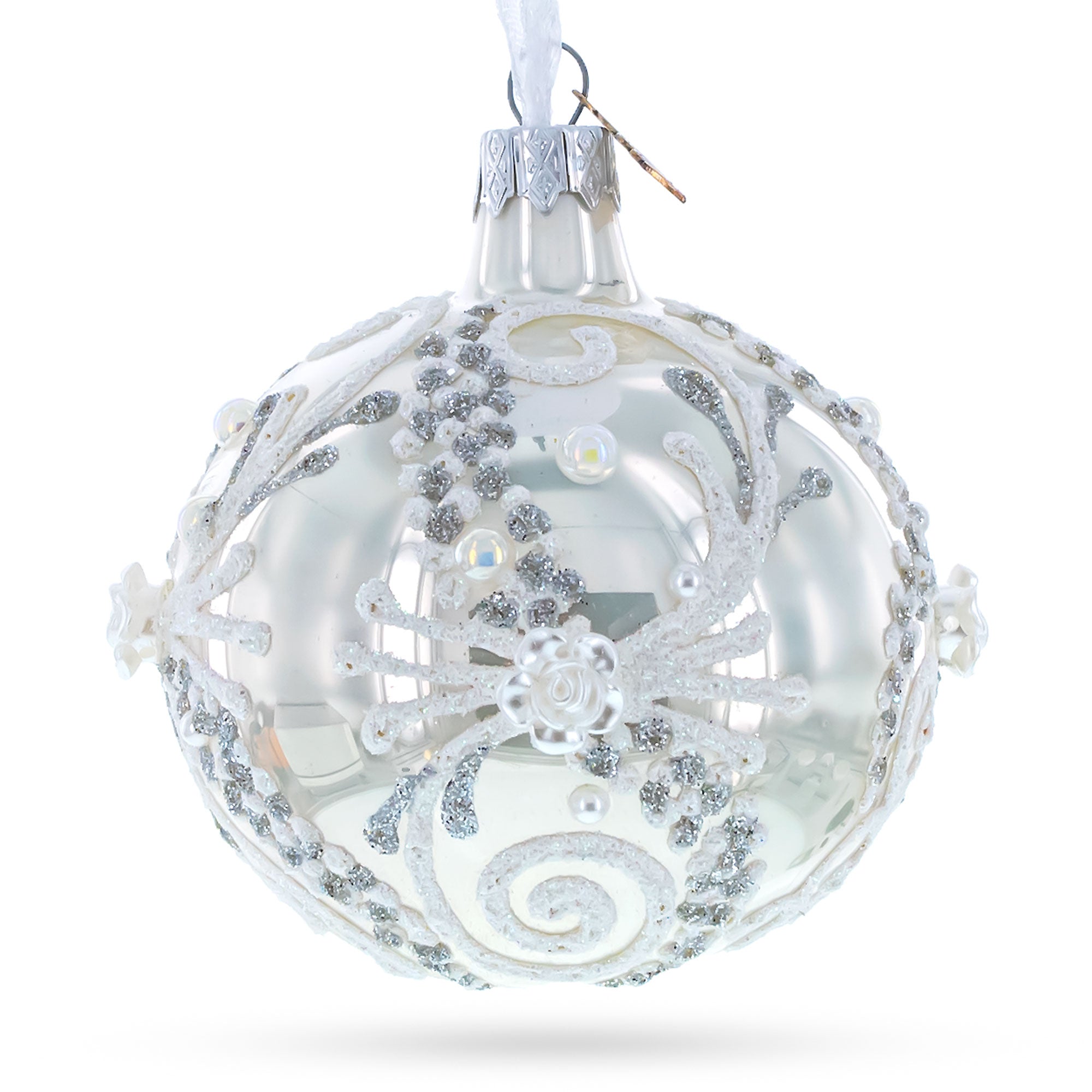 Snow Swirls On White Glass Ball Christmas Ornament 3.25 Inches