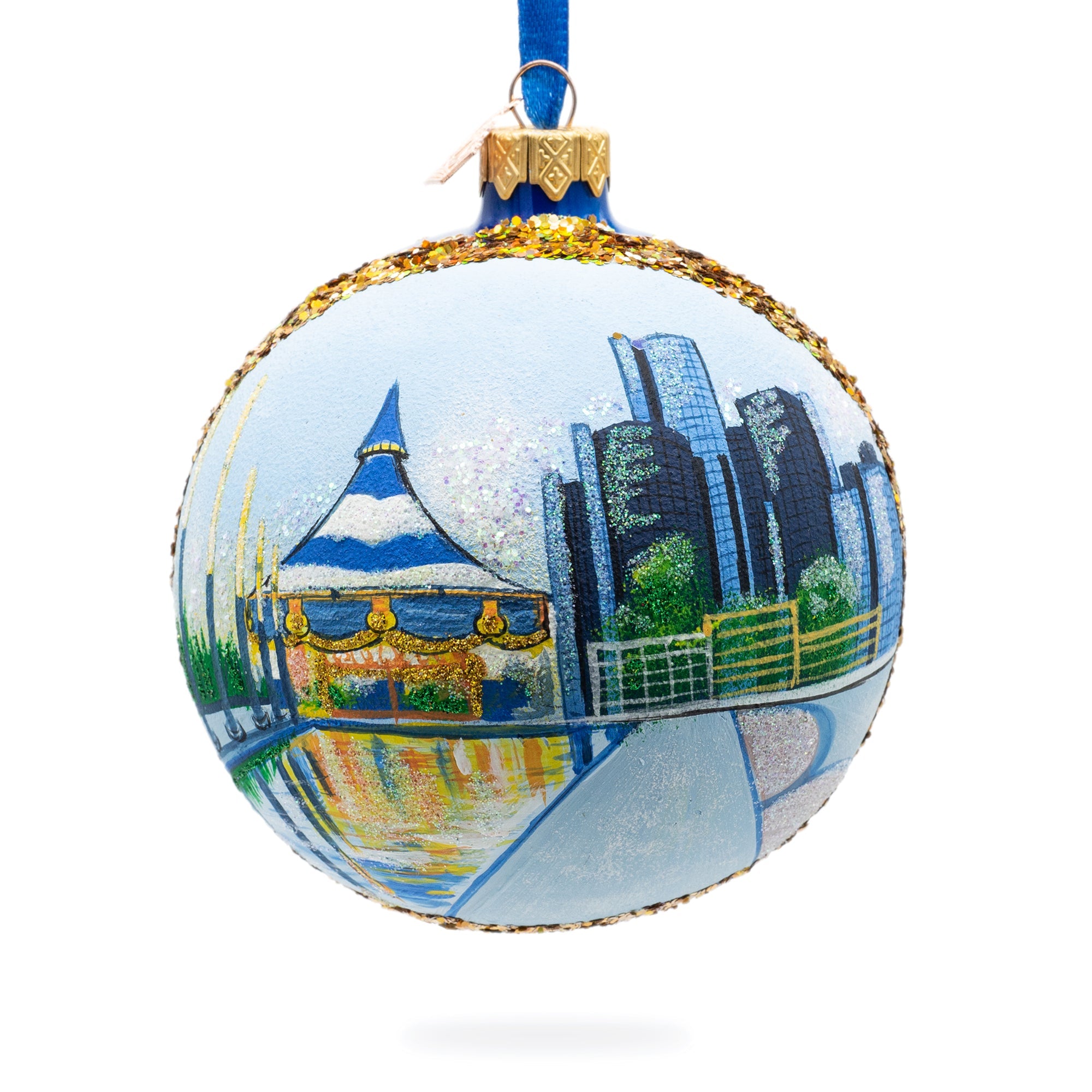 Detroit Riverfront, Detroit, Michigan, Usa Glass Ball Christmas Ornament 4 Inches