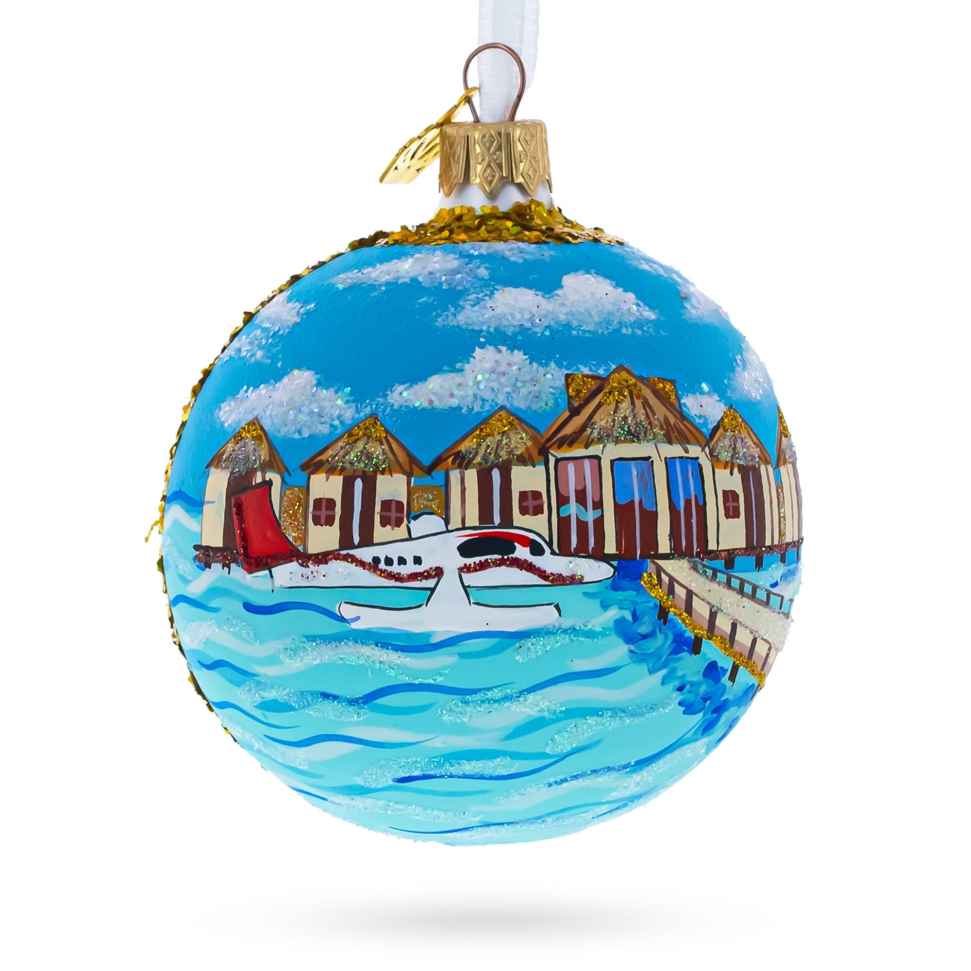 Maldives Resort Glass Ball Christmas Ornament 3.25 Inches