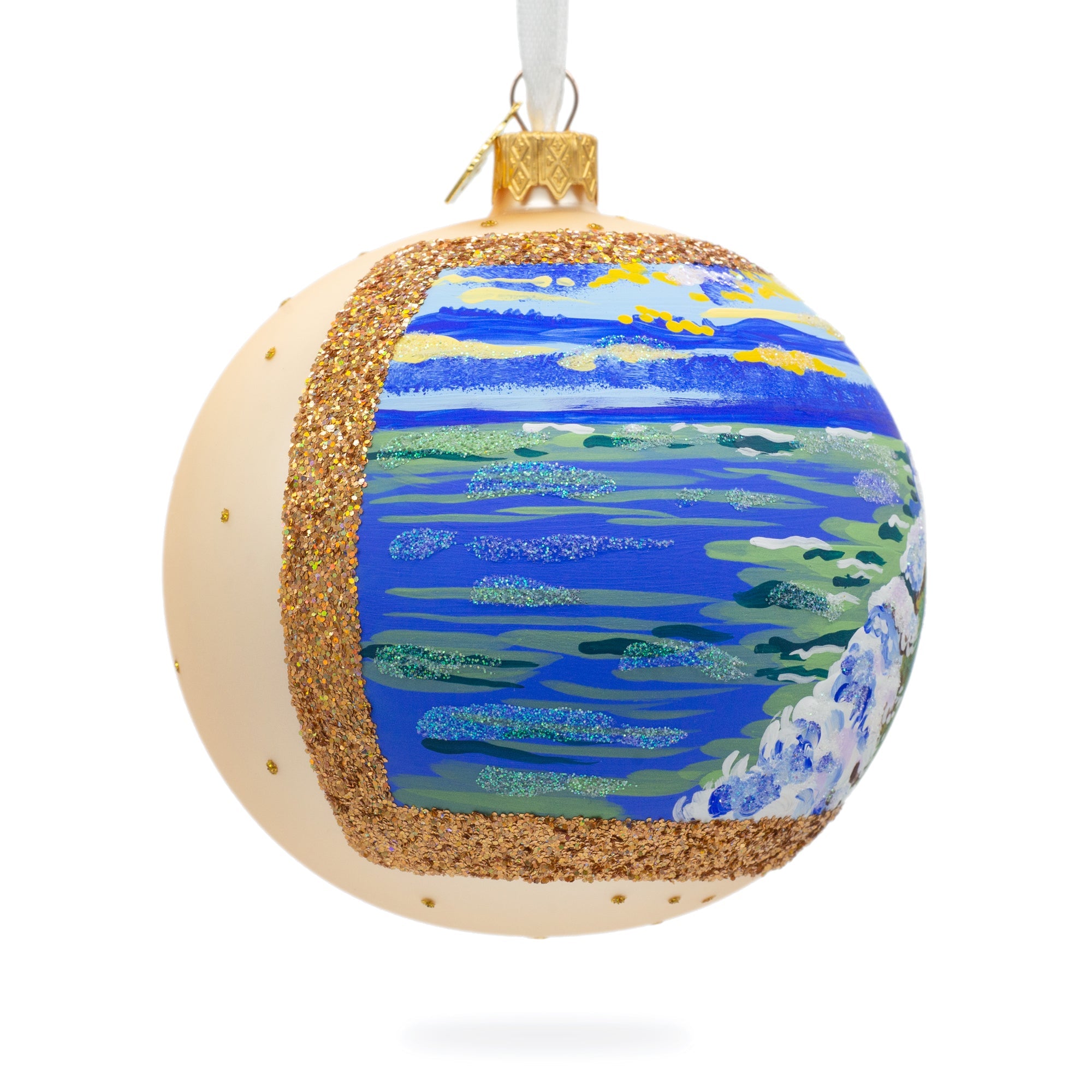 Sunset At The Ocean Painting Glass Ball Christmas Ornament 4 Inches