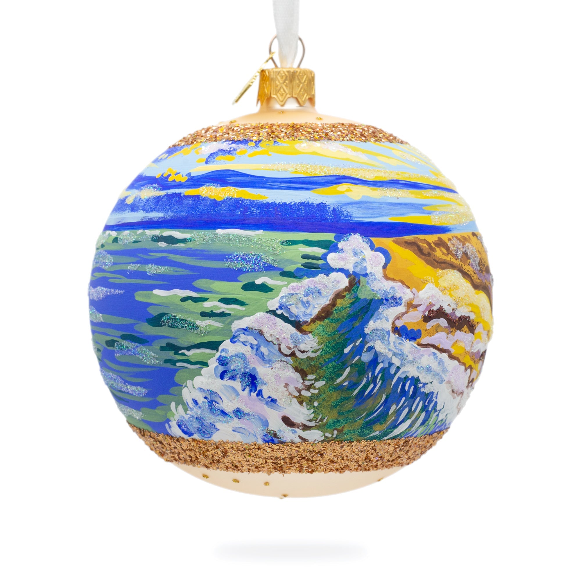 Sunset At The Ocean Painting Glass Ball Christmas Ornament 4 Inches