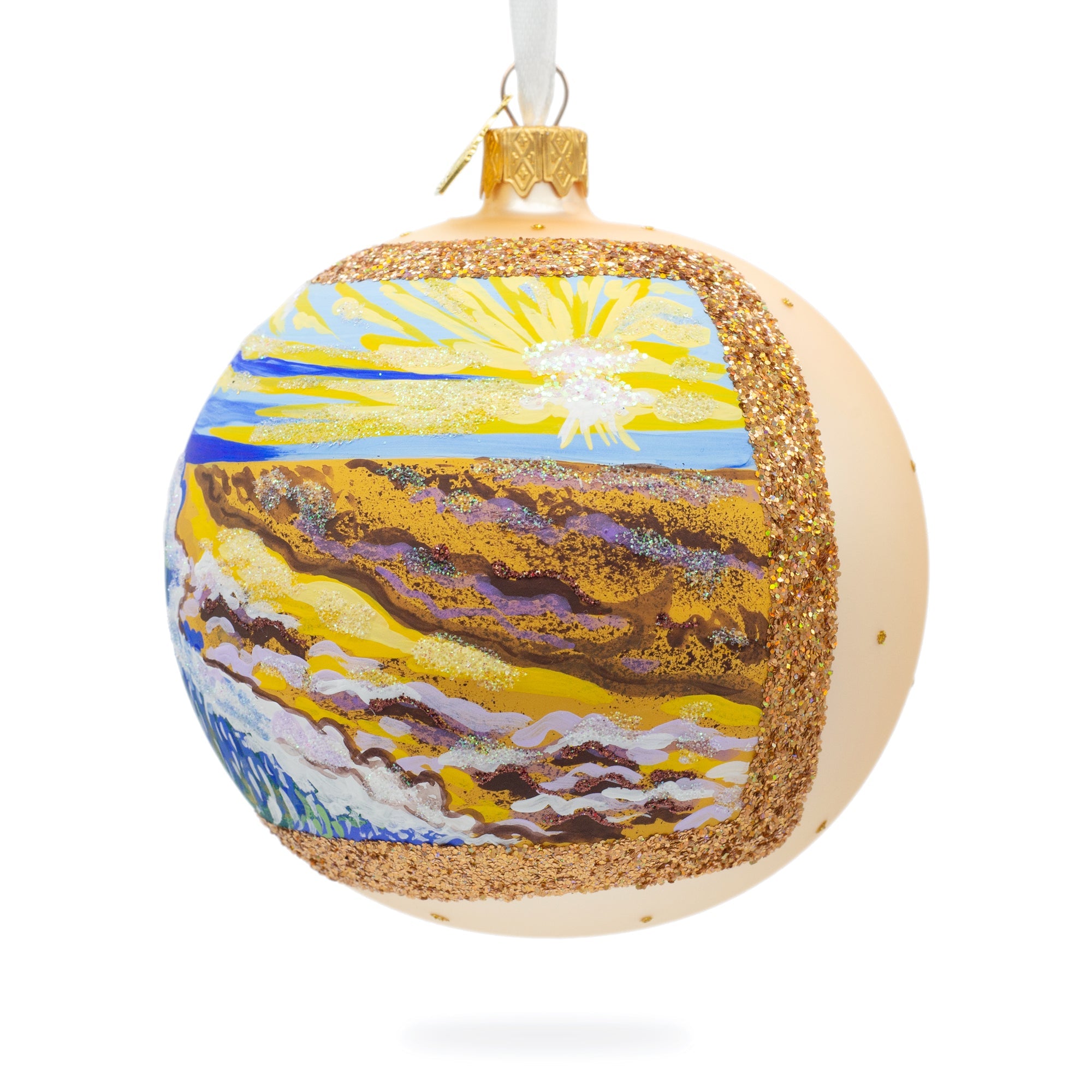 Sunset At The Ocean Painting Glass Ball Christmas Ornament 4 Inches