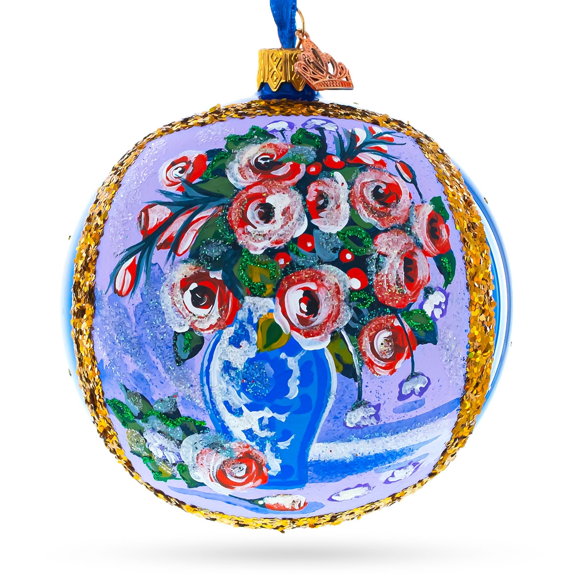 Vase Of Roses Painting Glass Ball Christmas Ornament 4 Inches