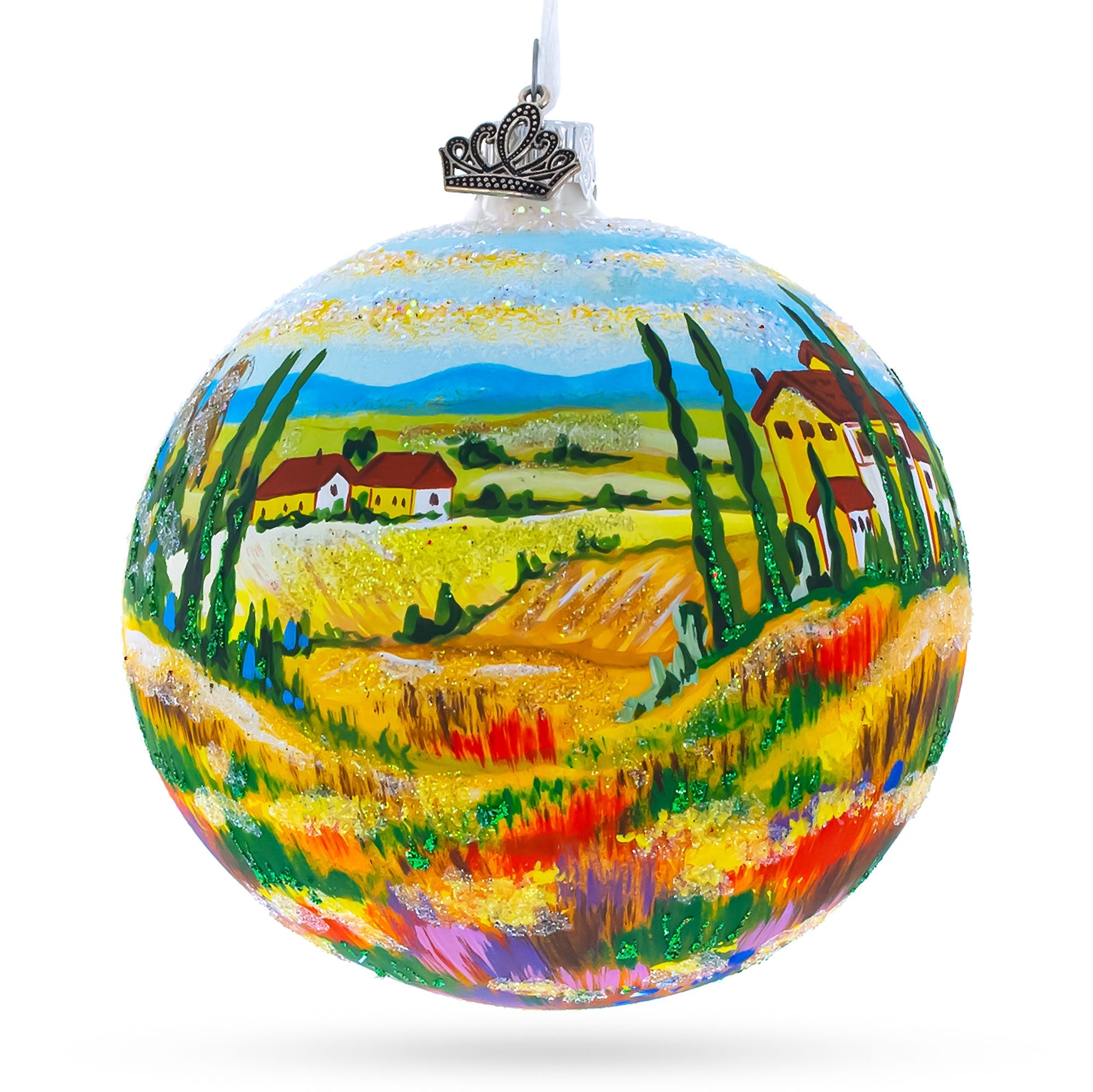 Tuscany, Italy Country Side Painting Glass Ball Christmas Ornament 4 Inches