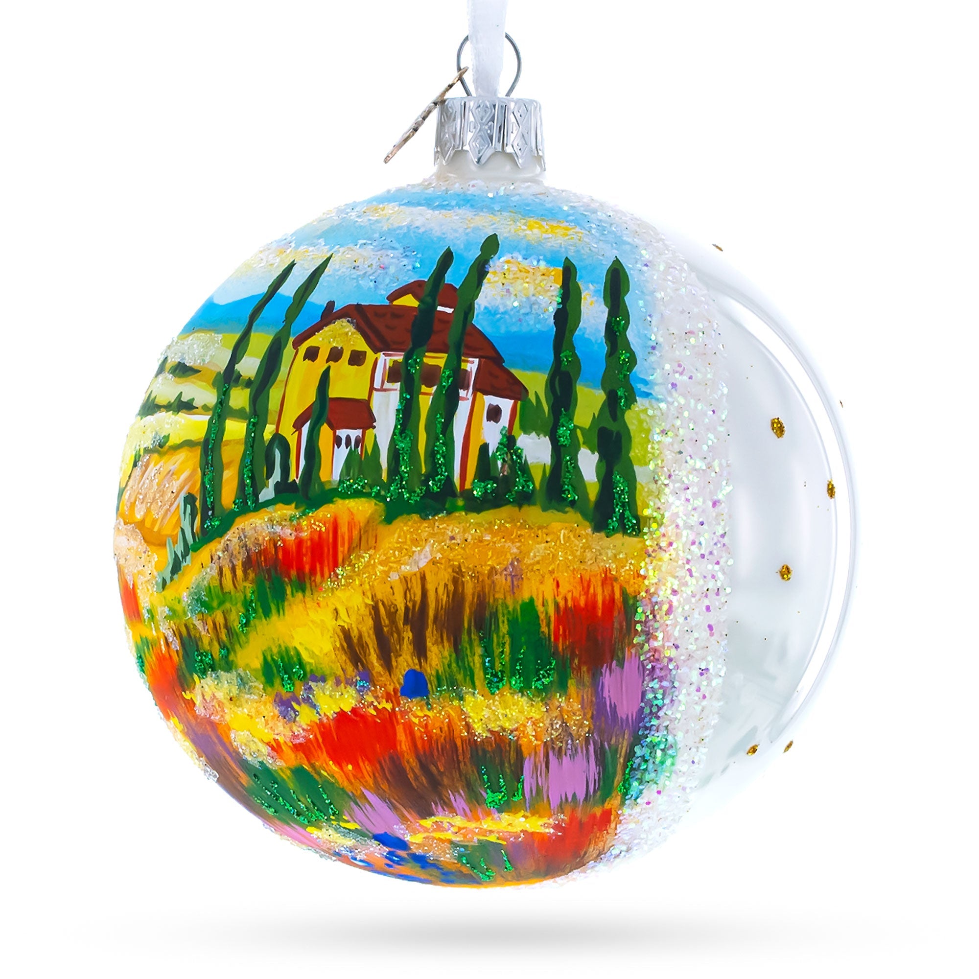 Tuscany, Italy Country Side Painting Glass Ball Christmas Ornament 4 Inches