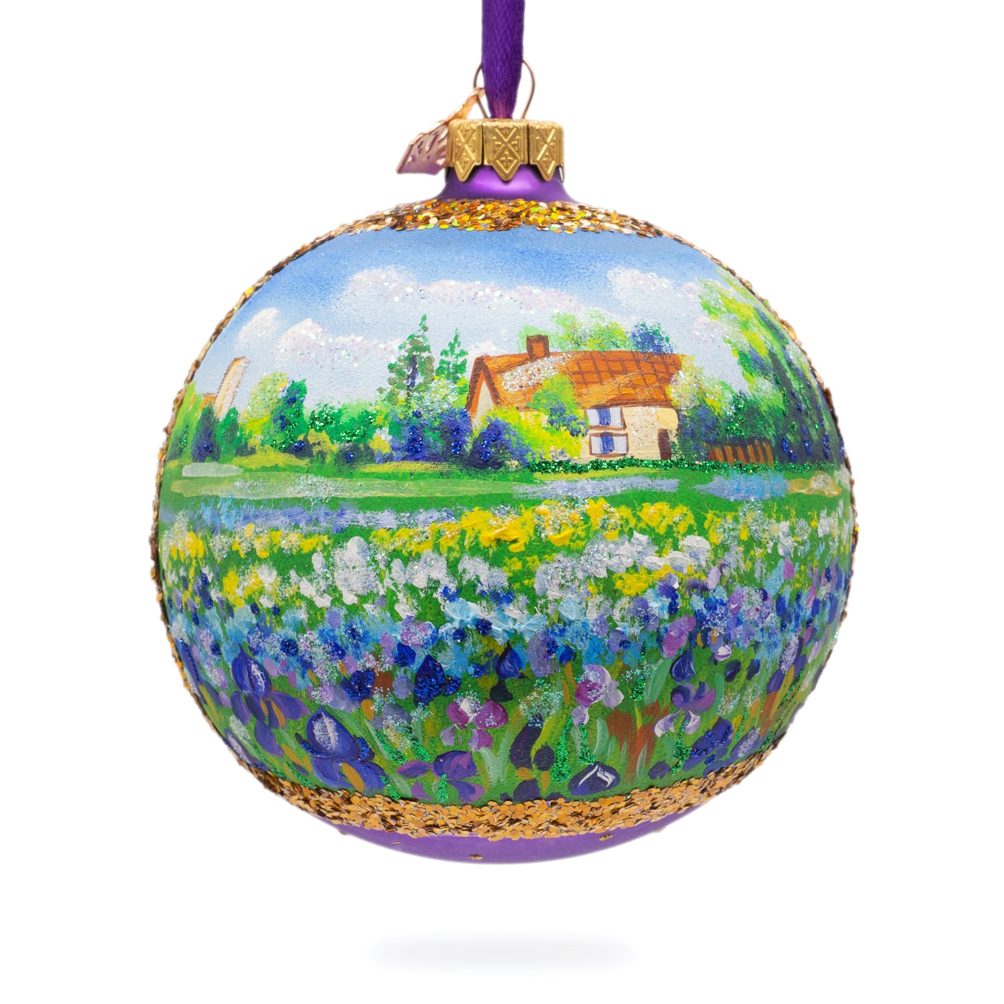 Iris Field Painting Glass Ball Christmas Ornament 4 Inches