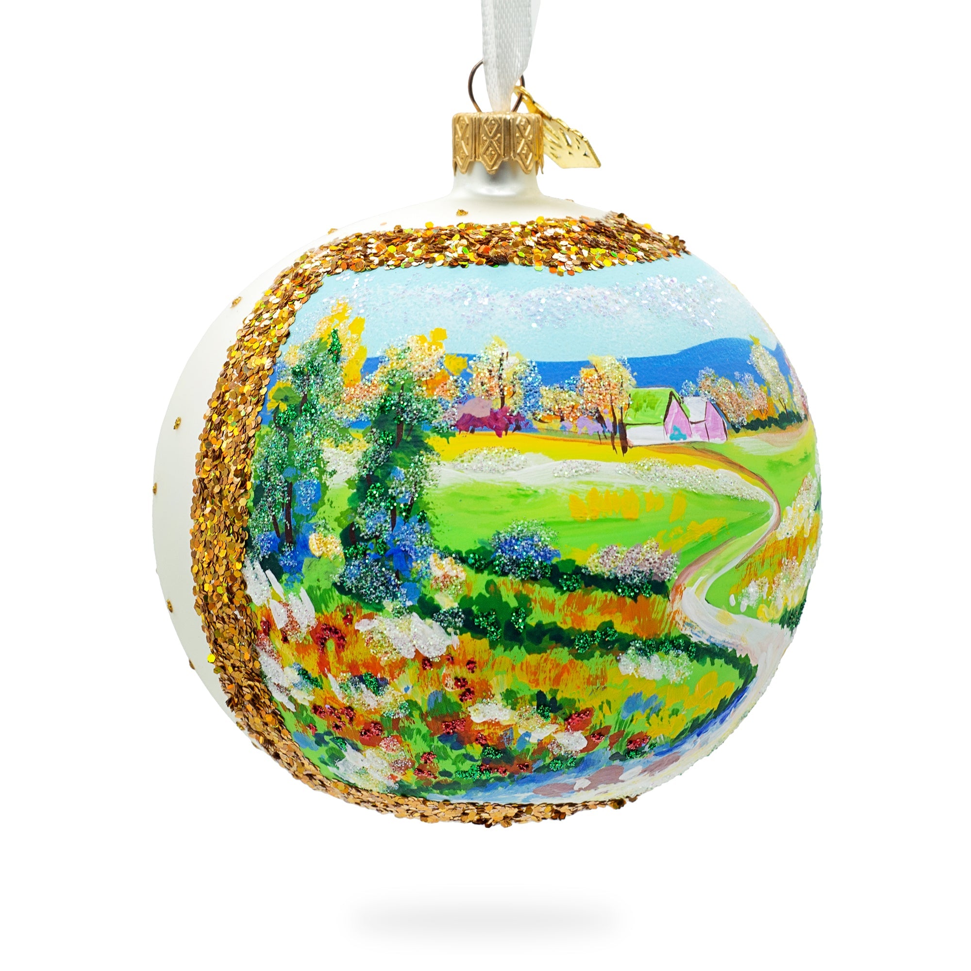 Village Road Painting Glass Ball Christmas Ornament 4 Inches