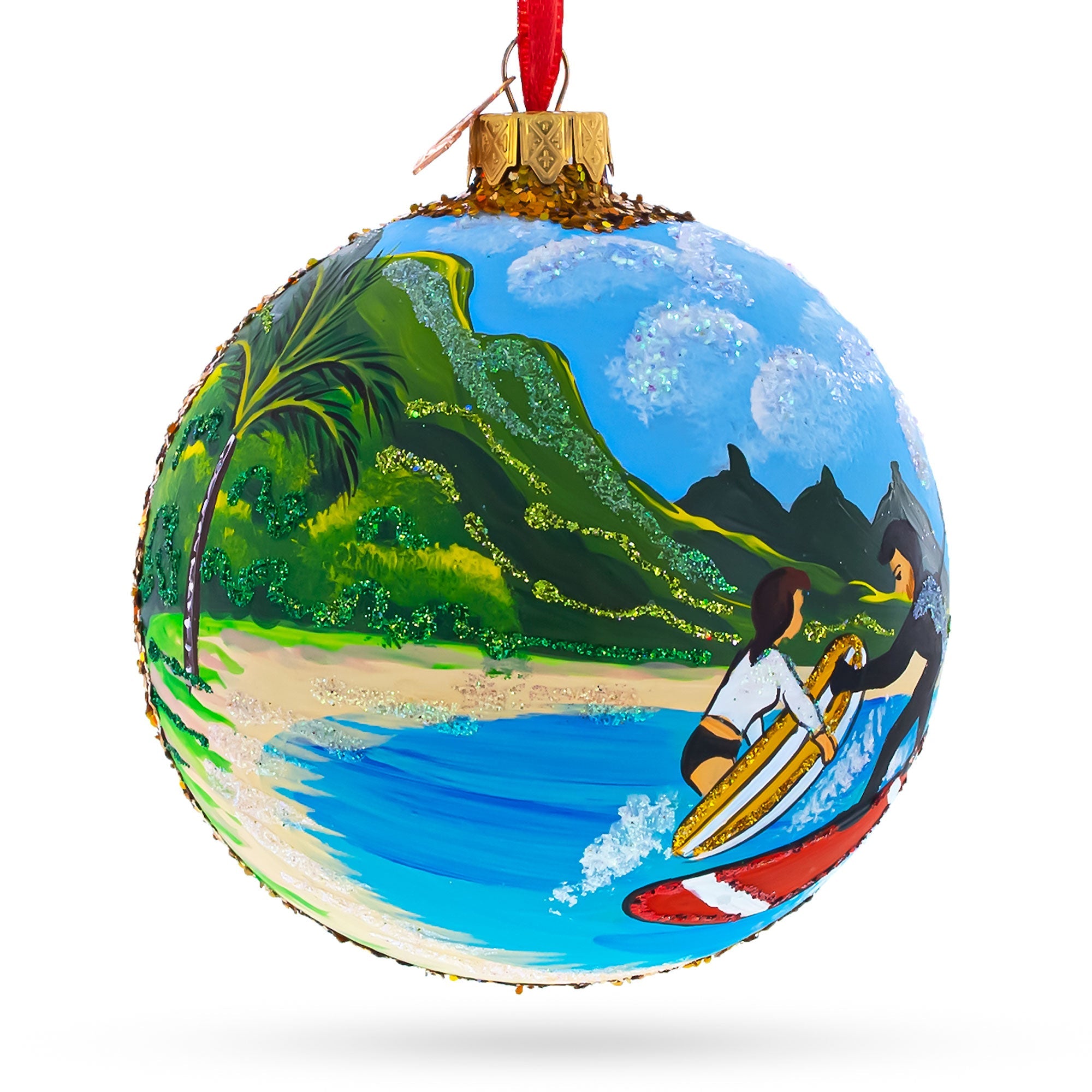 Surfers At Hawaii Beach, Usa Glass Ball Christmas Ornament 4 Inches