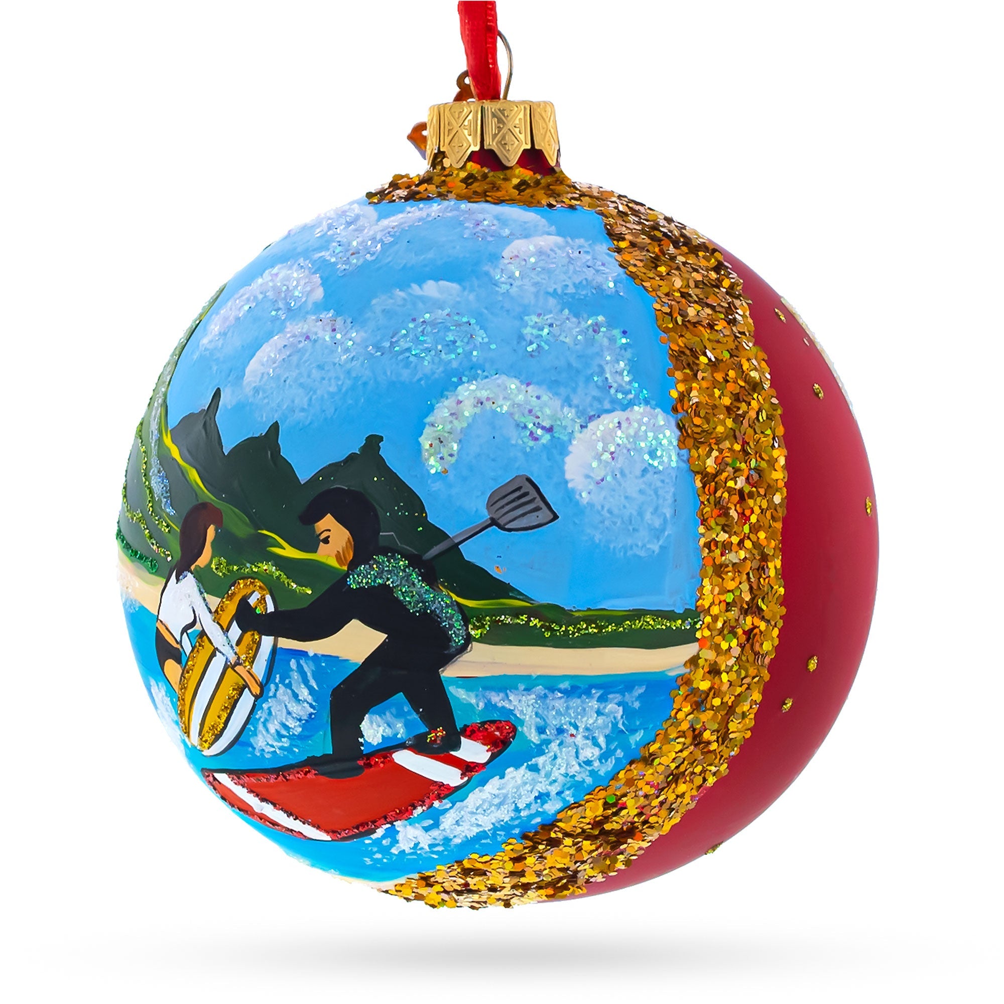 Surfers At Hawaii Beach, Usa Glass Ball Christmas Ornament 4 Inches