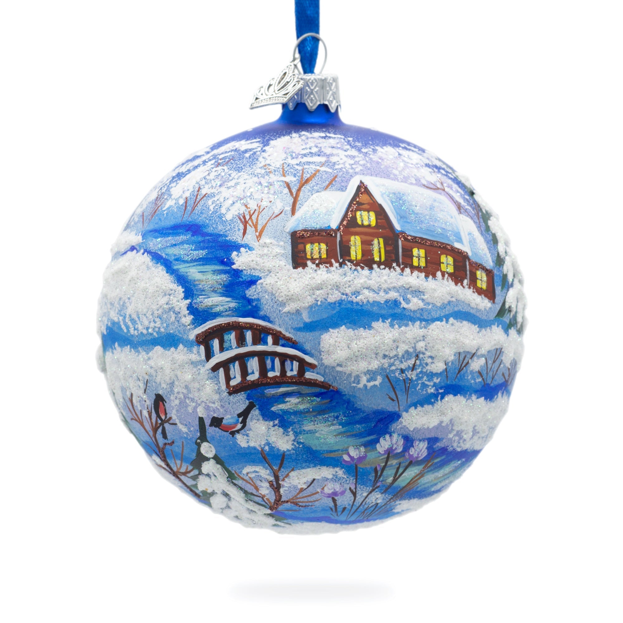 Winter Village By The River Glass Ball Christmas Ornament 4 Inches