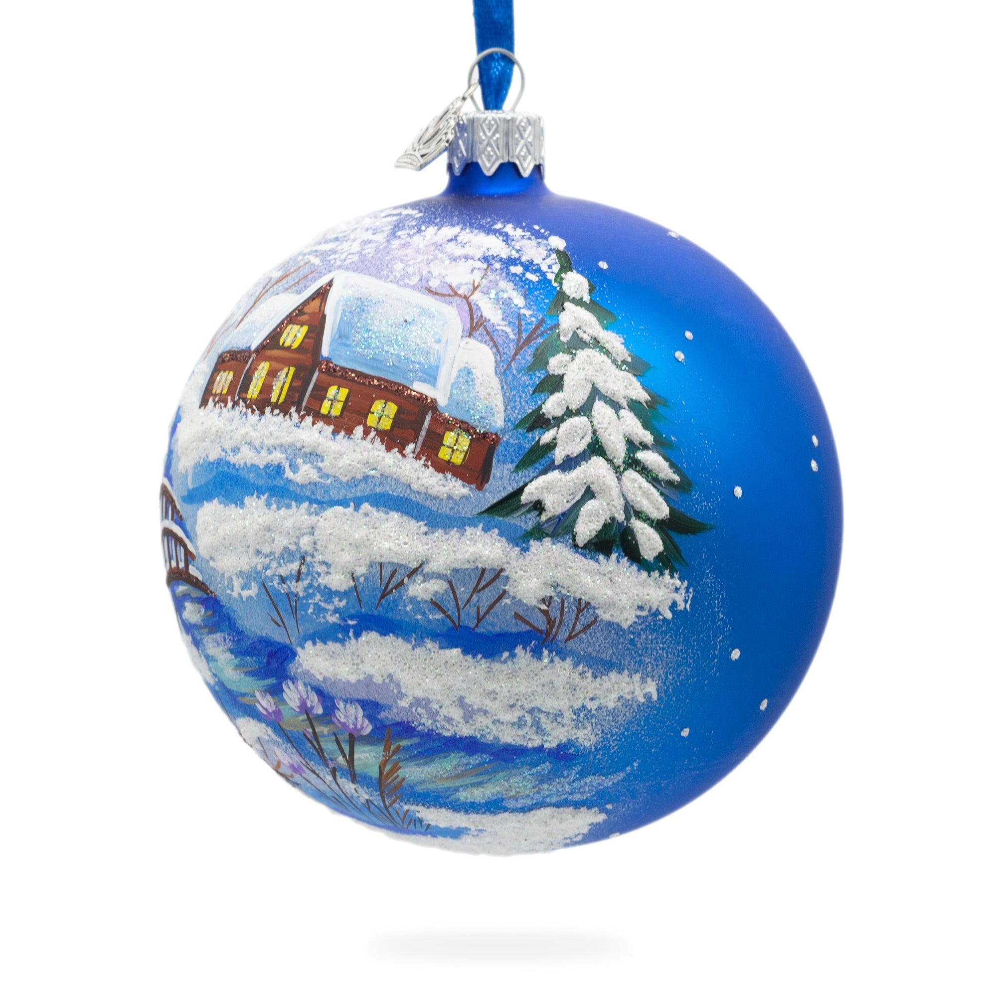 Winter Village By The River Glass Ball Christmas Ornament 4 Inches