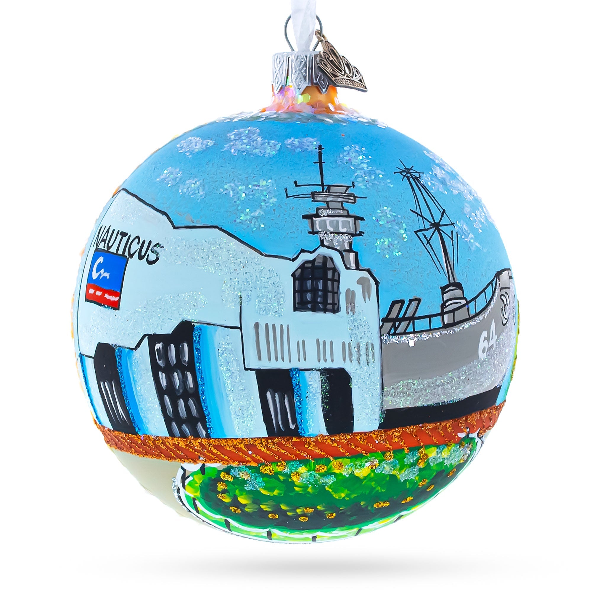 Battleship Wisconsin At Nauticus, Norfolk, Virginia, Usa Glass Ball Christmas Ornament 4 Inches