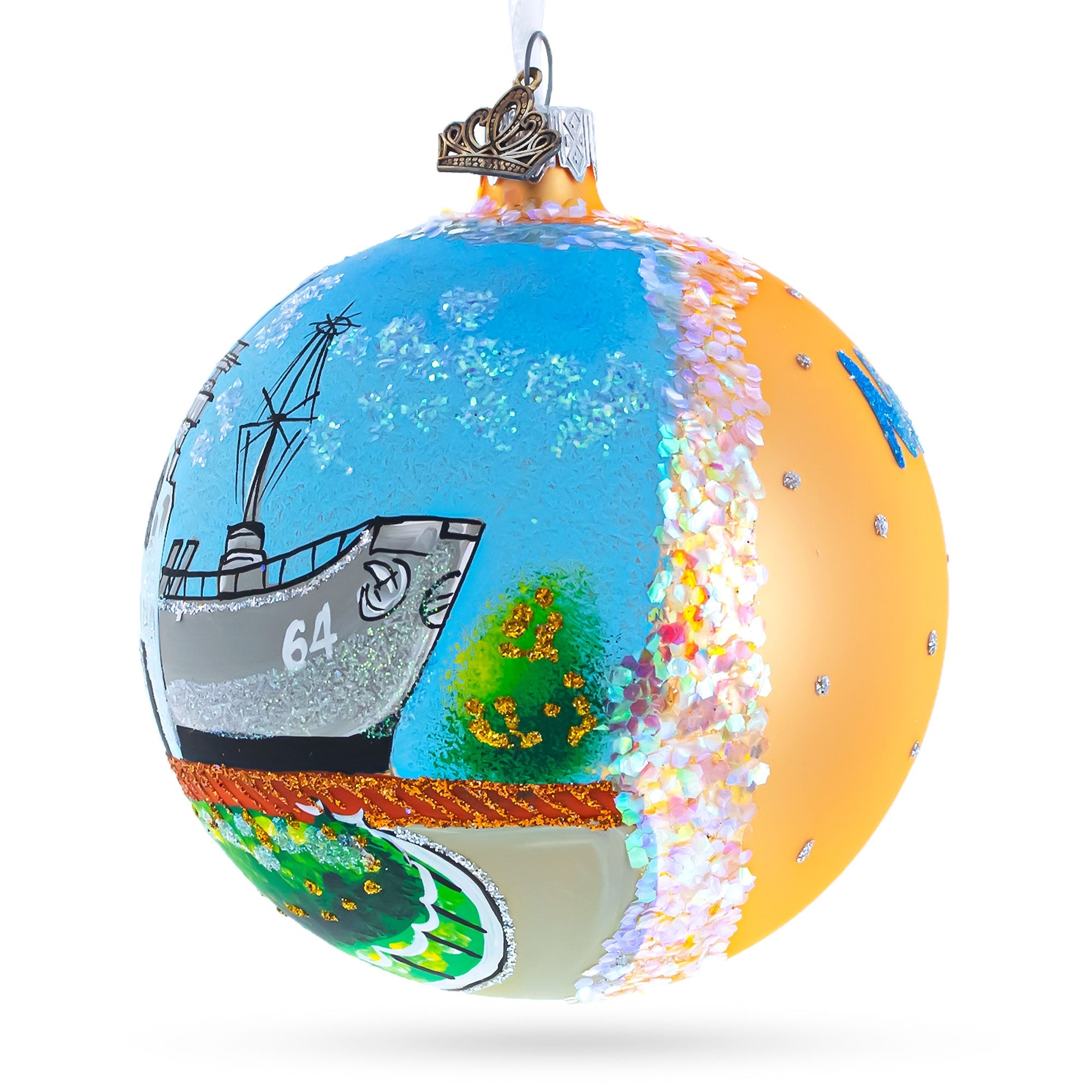 Battleship Wisconsin At Nauticus, Norfolk, Virginia, Usa Glass Ball Christmas Ornament 4 Inches