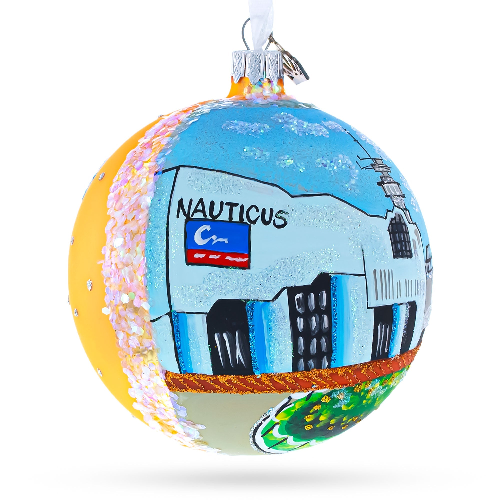 Battleship Wisconsin At Nauticus, Norfolk, Virginia, Usa Glass Ball Christmas Ornament 4 Inches