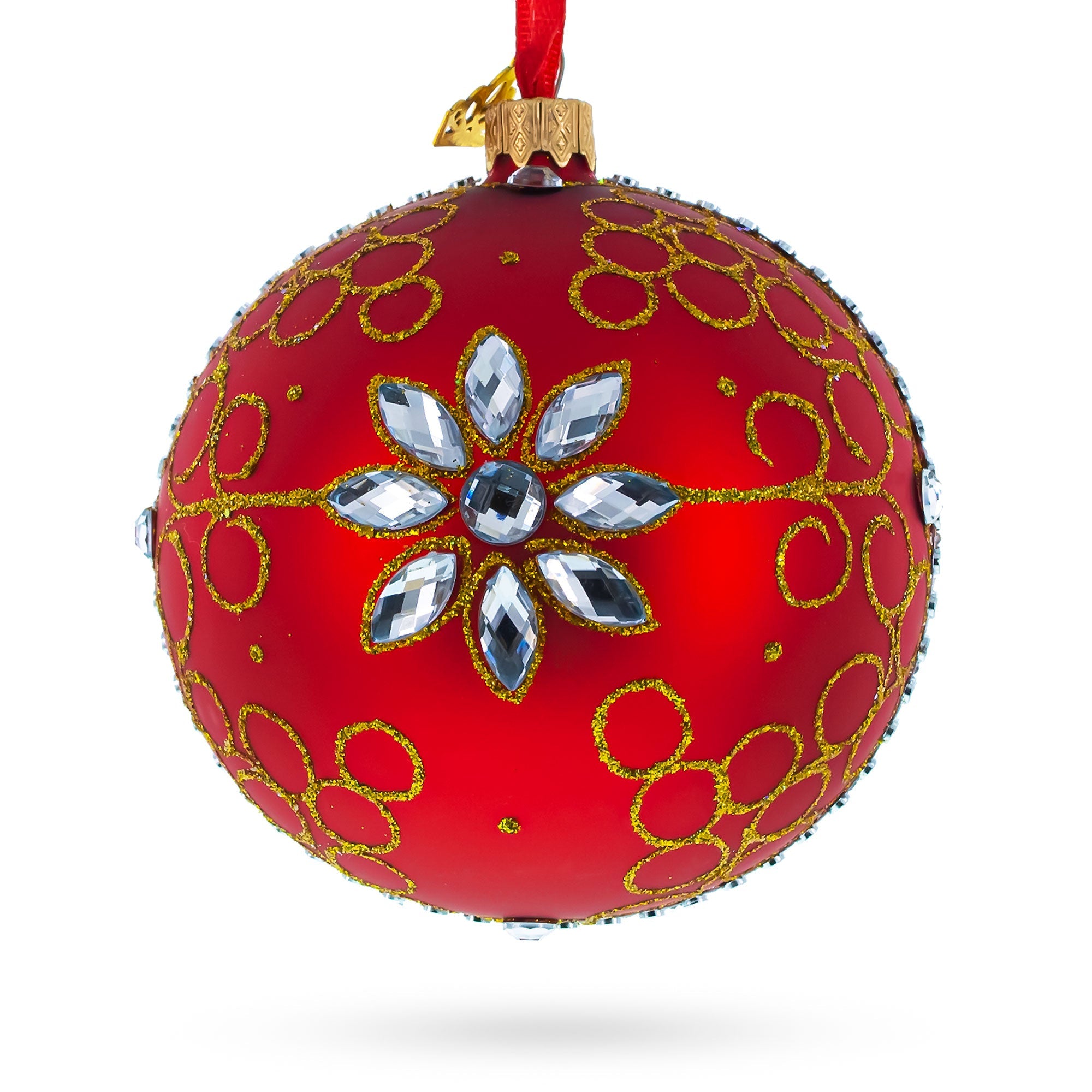 White Jewels On Red Glass Ball Christmas Ornament