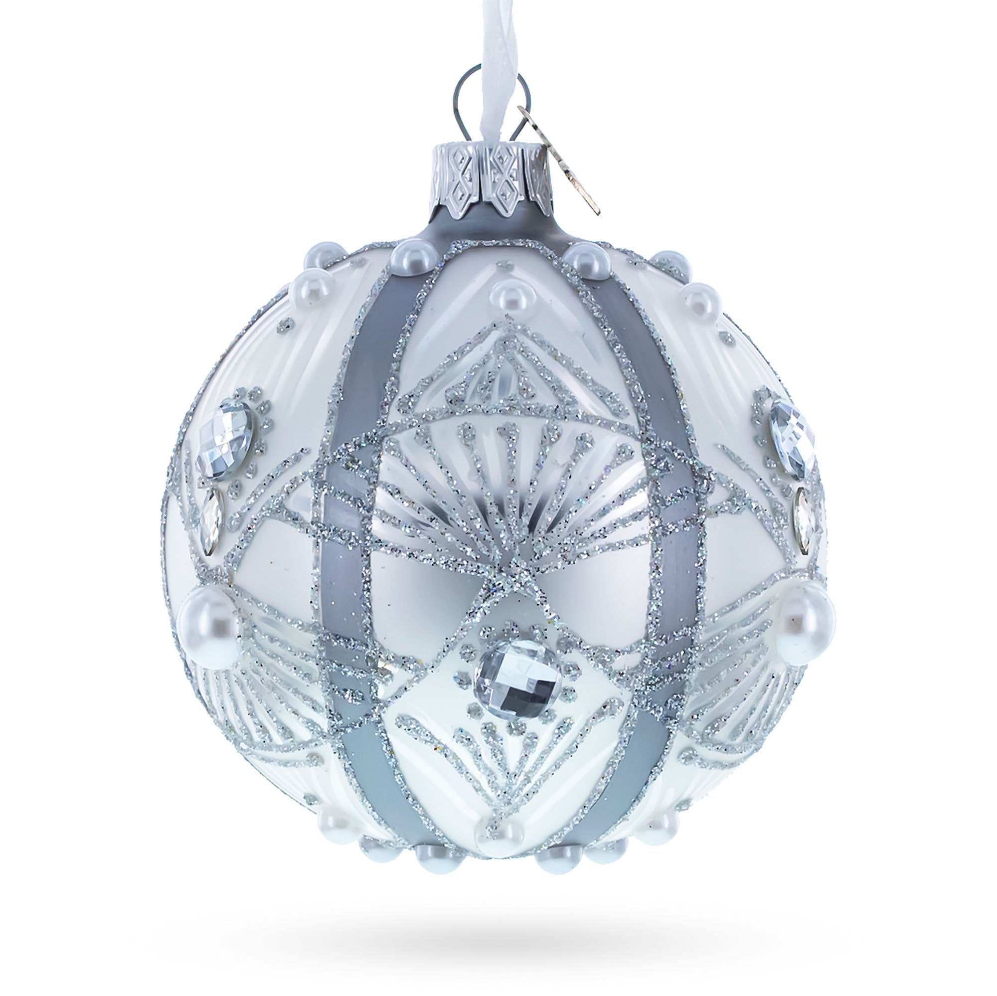 White Jewels On Silver Glass Ball Christmas Ornament