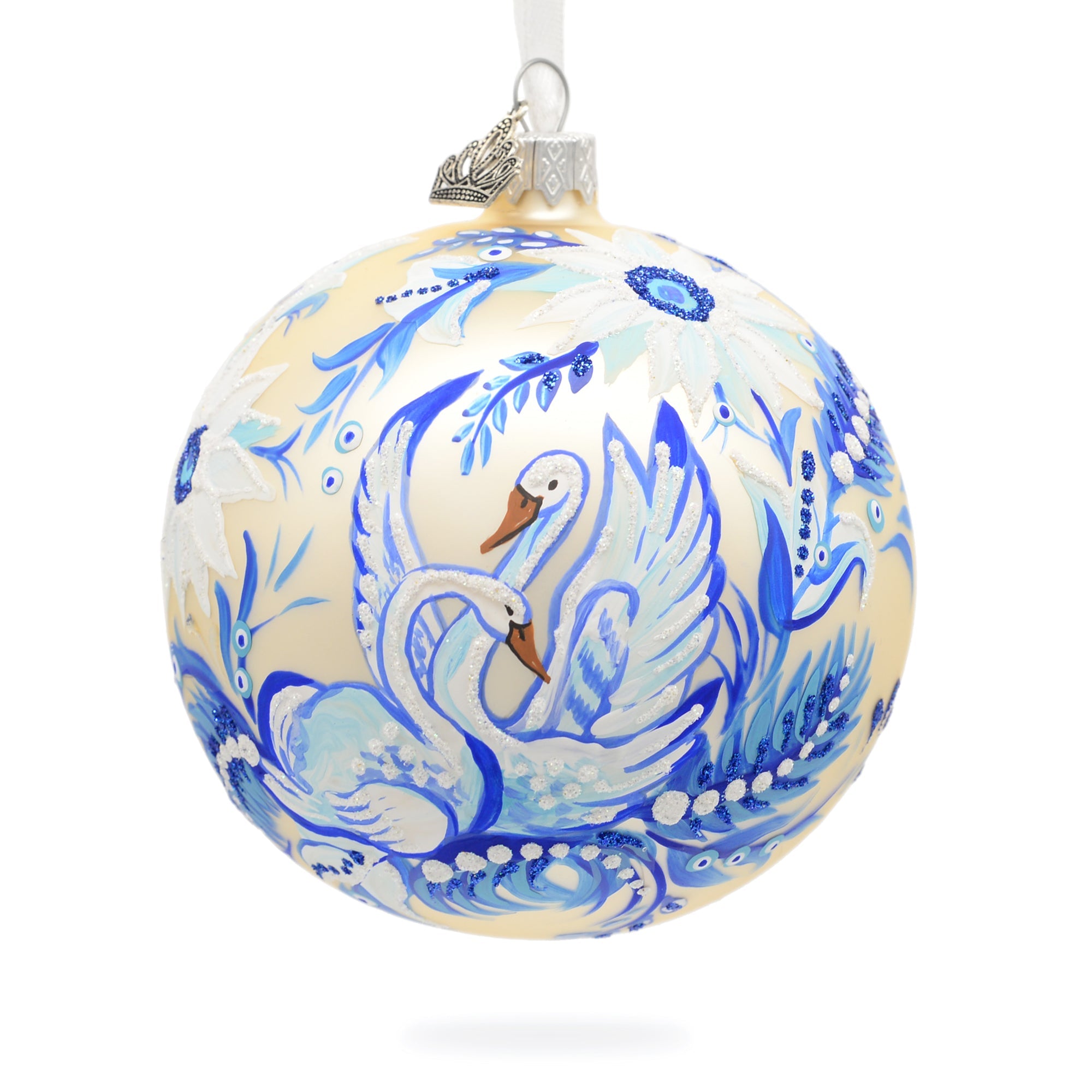 Swans In Daisies Garden Glass Ball Ornament