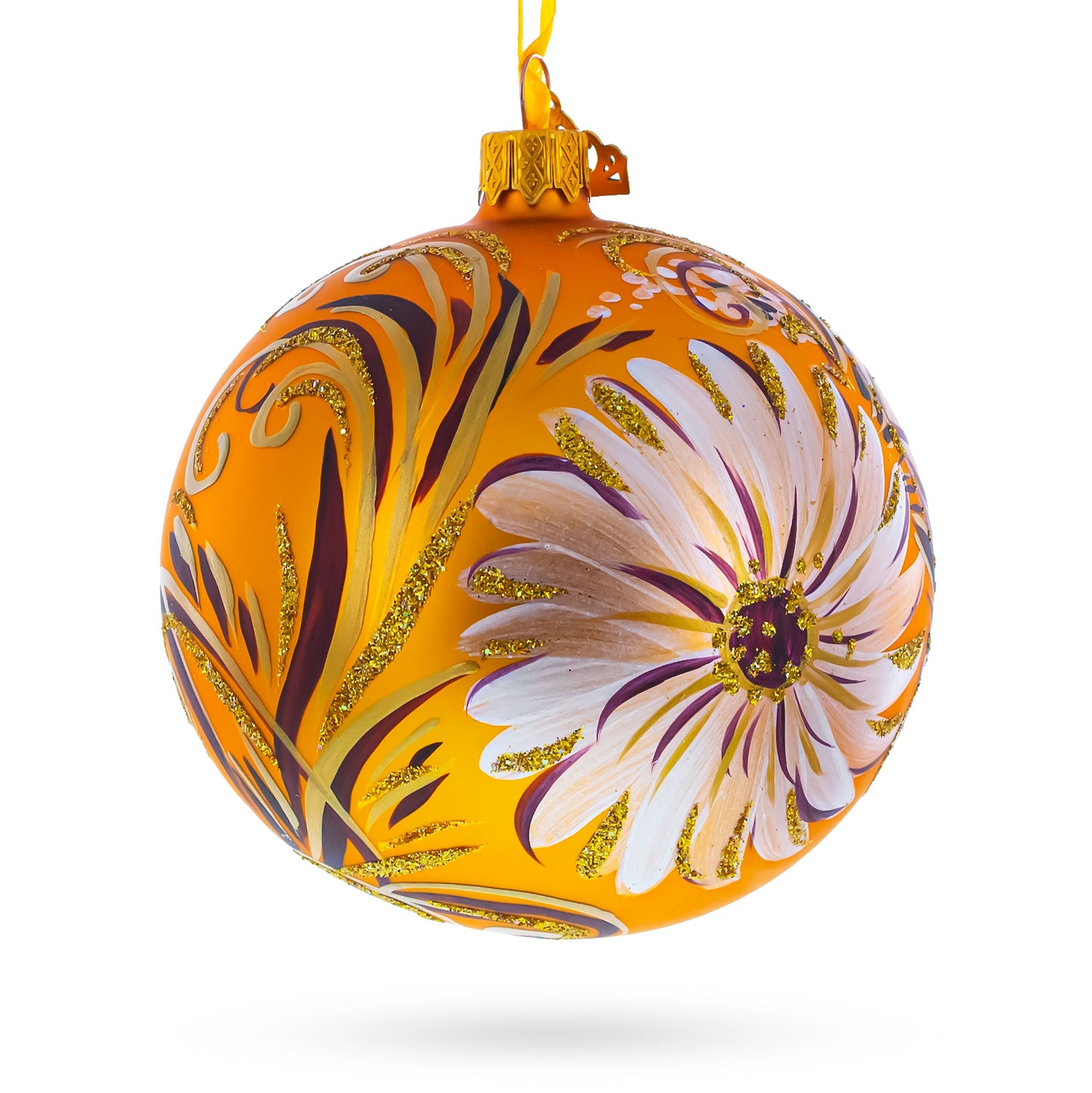 Gerbera Flowers On Gold Glass Ball Ornament