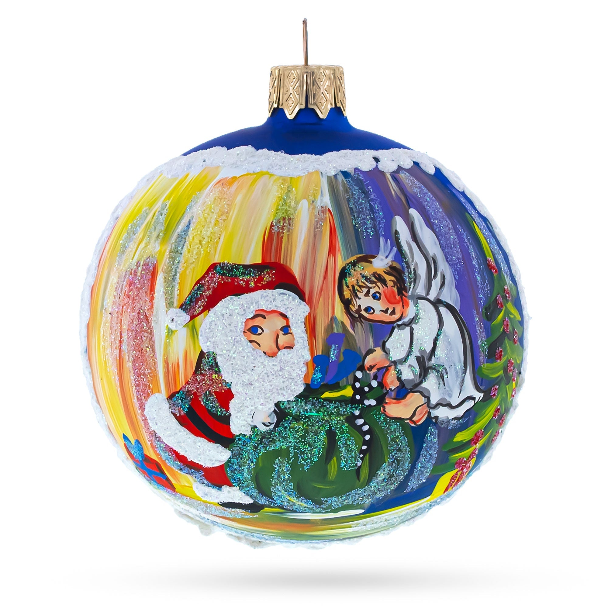 Santa, Angel, And Gifts: A Heavenly Christmas Tale - Blown Glass Ball Ornament 3.25 Inches