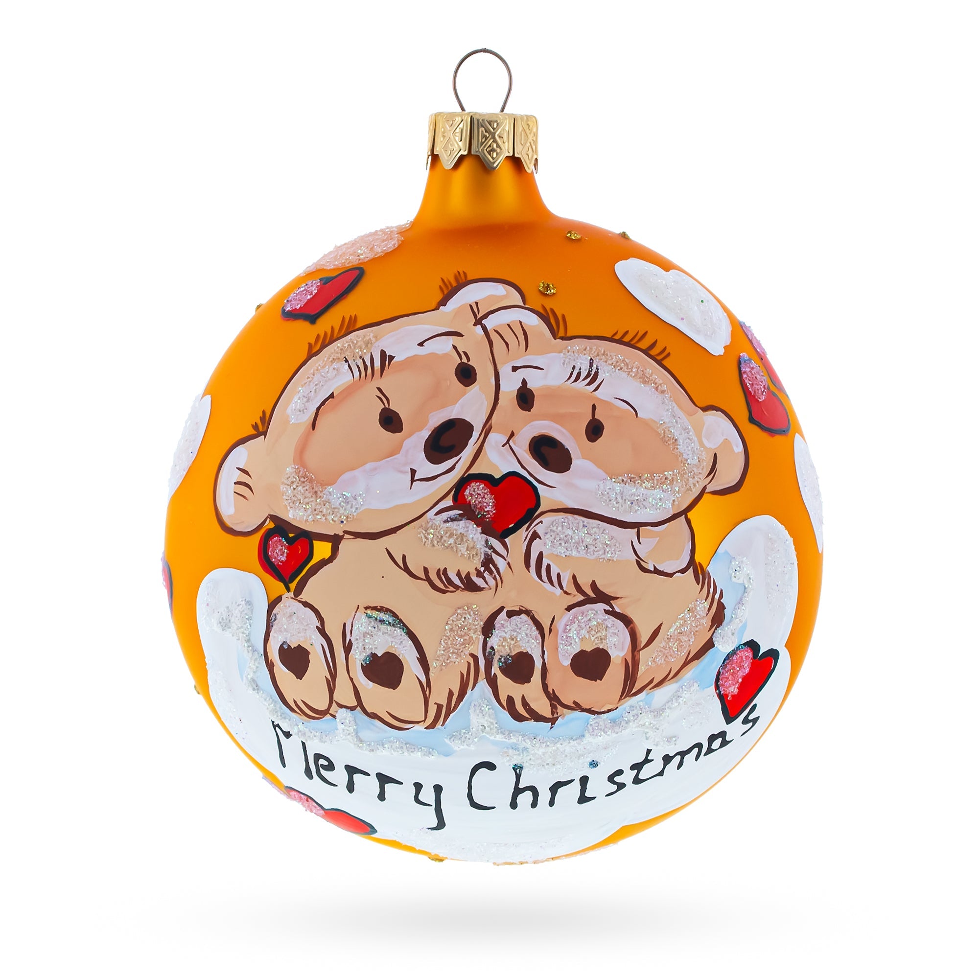 Warm Embrace: Merry Christmas From Two Bears In Love - Blown Glass Ball Christmas Ornament 3.25 Inches