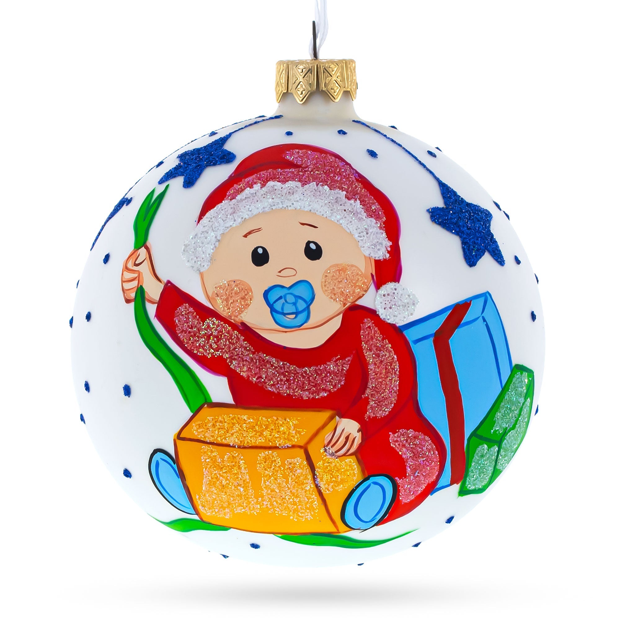 Boy Opening Gift Blown Glass Ball Baby's First Christmas Ornament 4 Inches