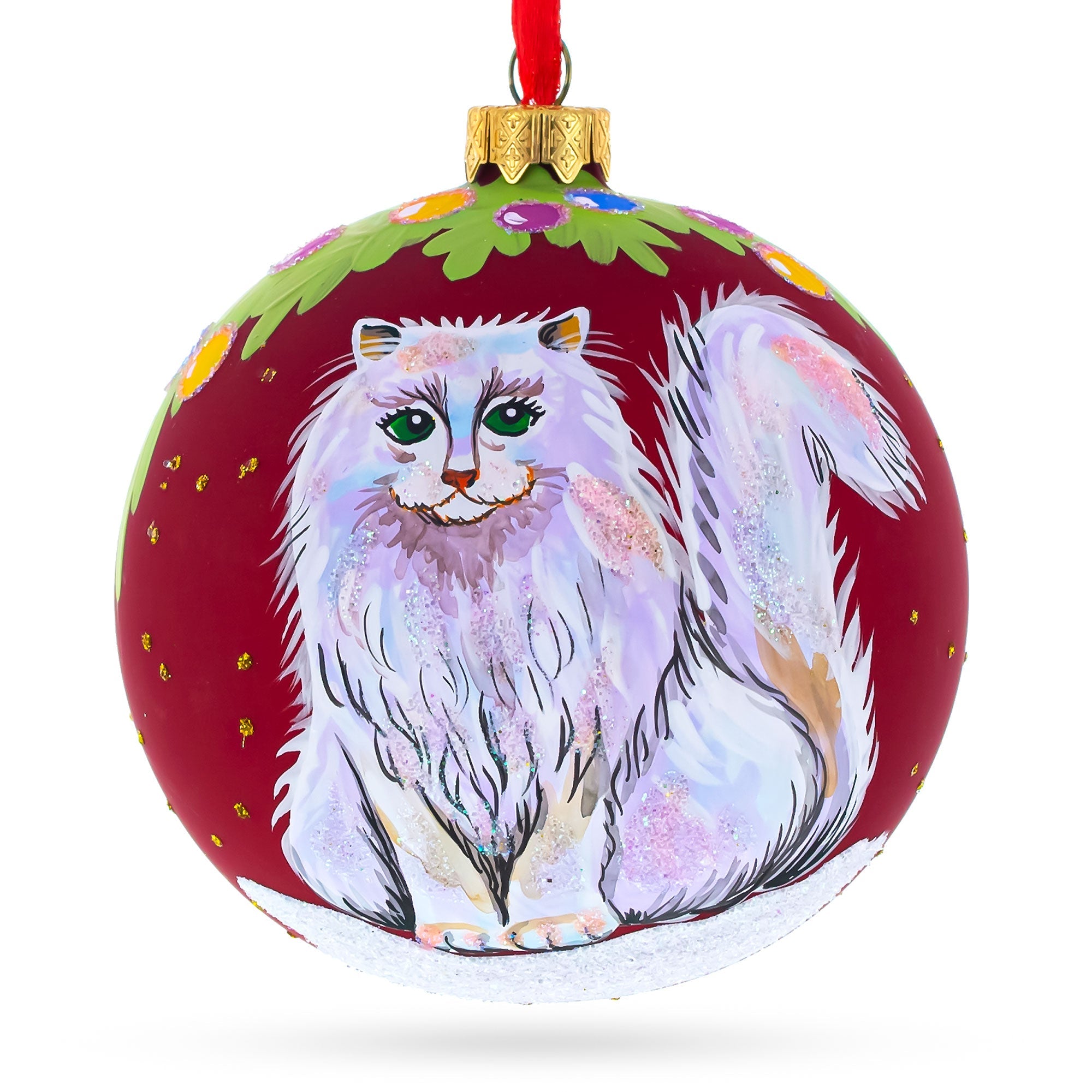 Whiskers & Grace: Fluffy White Persian Cat Blown Glass Ball Christmas Ornament 4 Inches