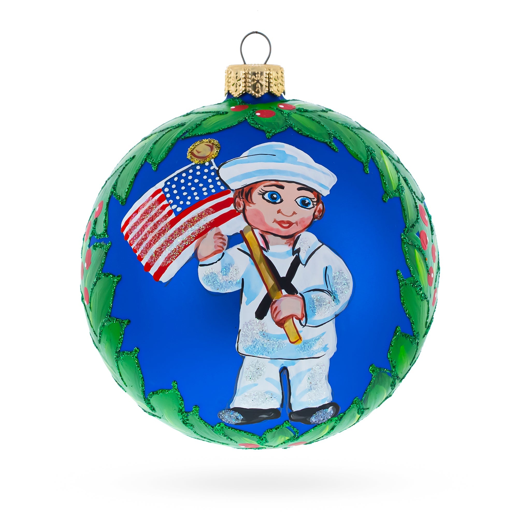 Anchors Aweigh: Usa Navy Soldier With American Flag Blown Glass Ball Patriotic Christmas Ornament 4 Inches