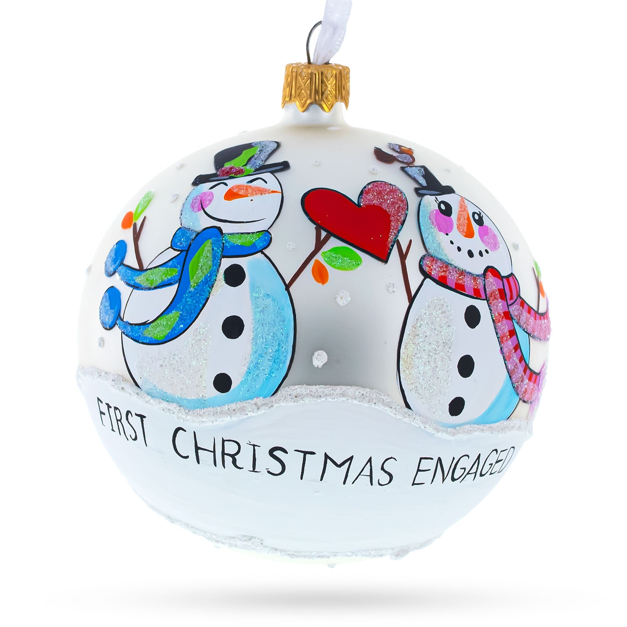 Engaged Snowman Couple: A Winter Romance Blown Glass Ball 'our First Christmas' Ornament 3.25 Inches