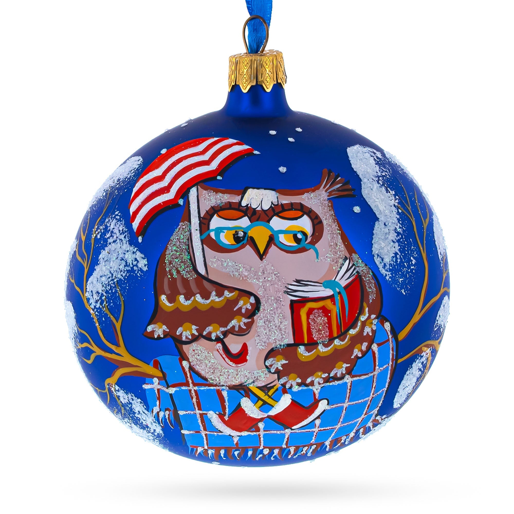 Wise Owl: Scholarly Bird Immersed In A Book Hand-blown Glass Ball Christmas Ornament 4 Inches