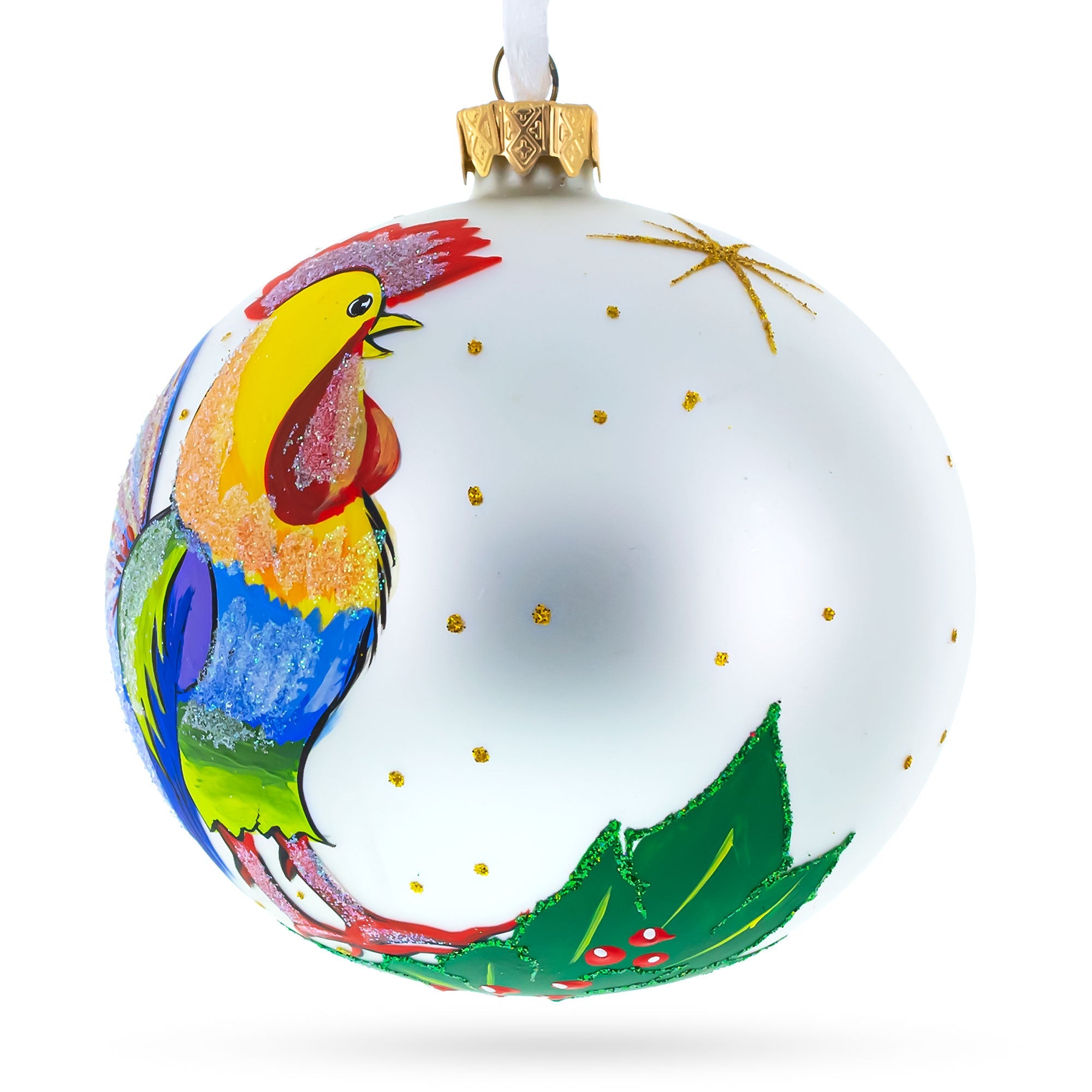 Vibrant Farmhouse Elegance: Colorful Rooster Blown Glass Ball Christmas Ornament 4 Inches