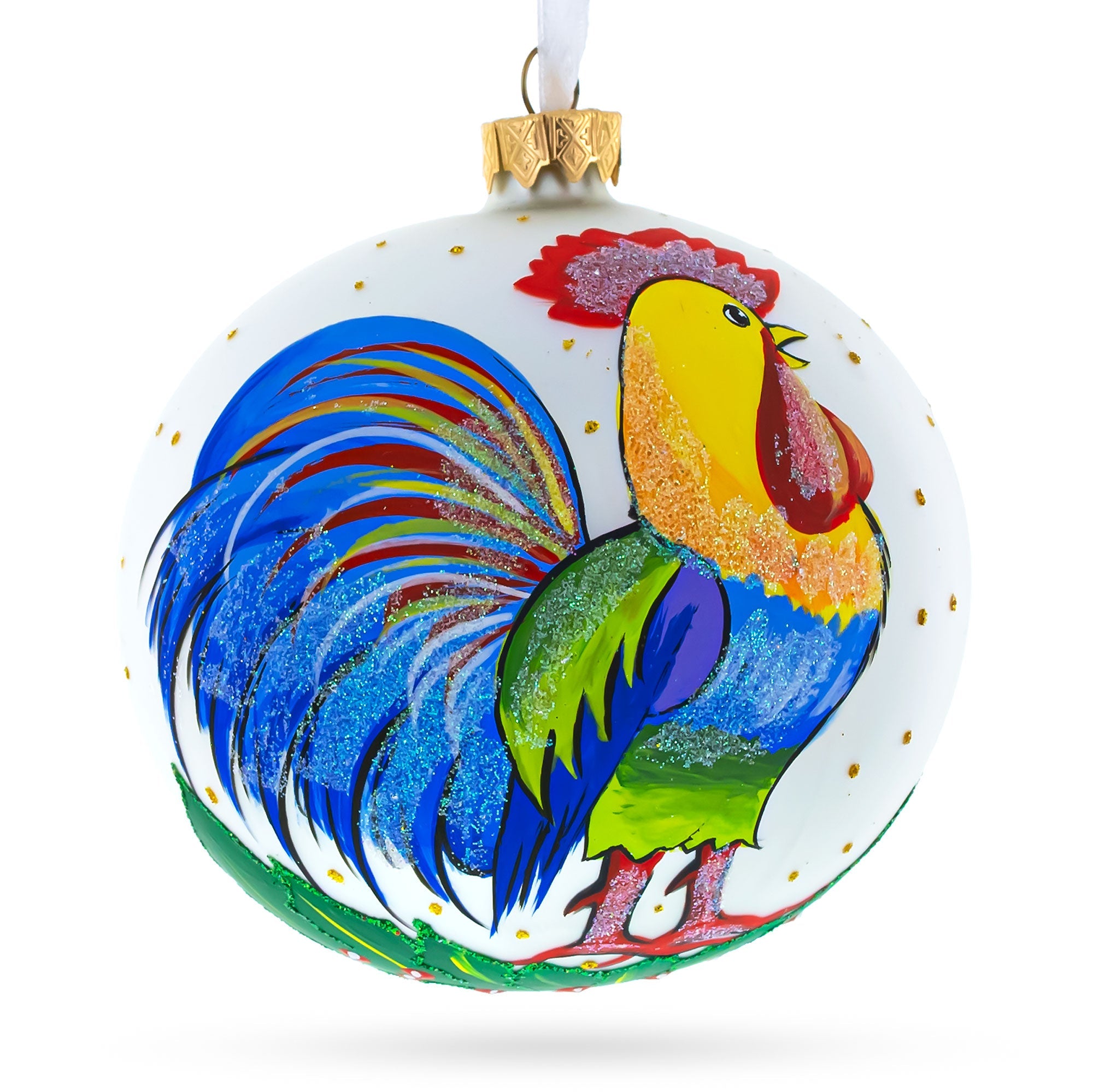 Vibrant Farmhouse Elegance: Colorful Rooster Blown Glass Ball Christmas Ornament 4 Inches