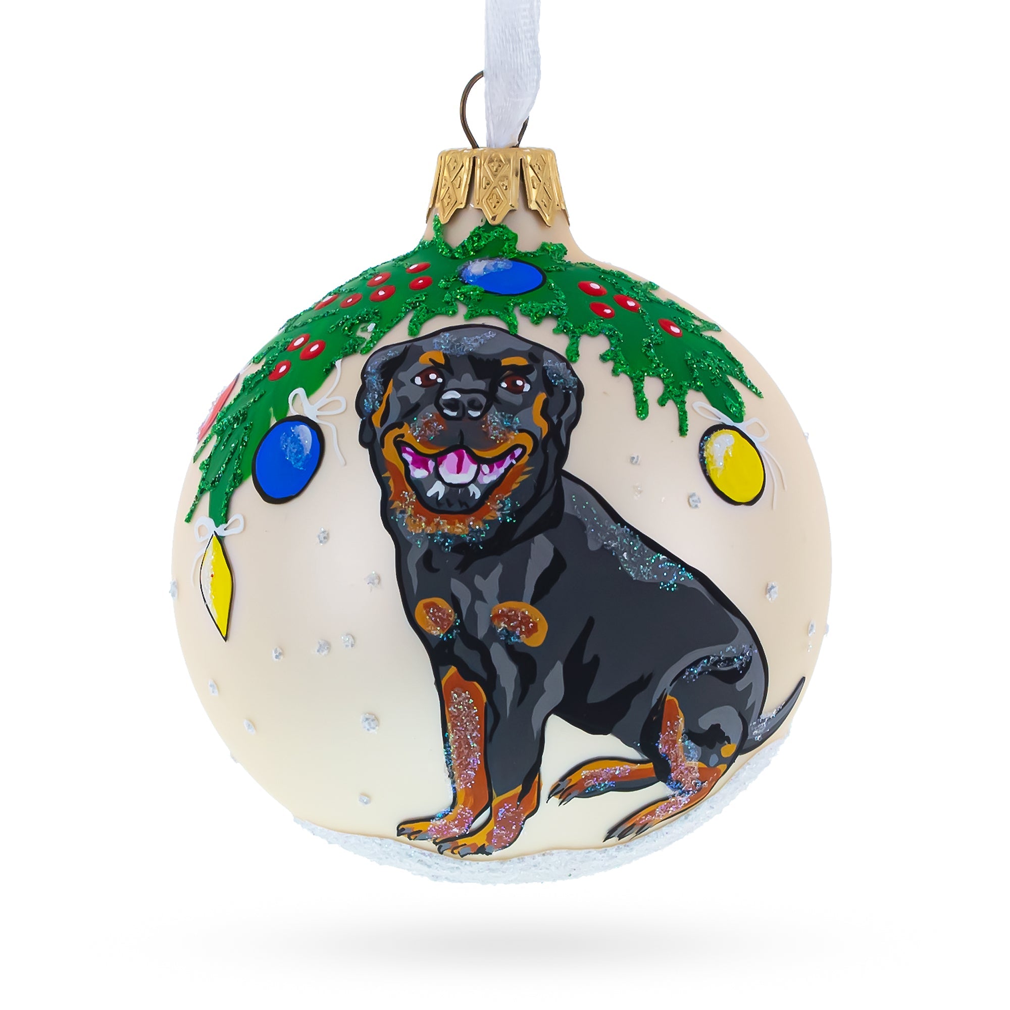 Cheerful Rottweiler Dog Captured In Blown Glass Ball Christmas Ornament 3.25 Inches