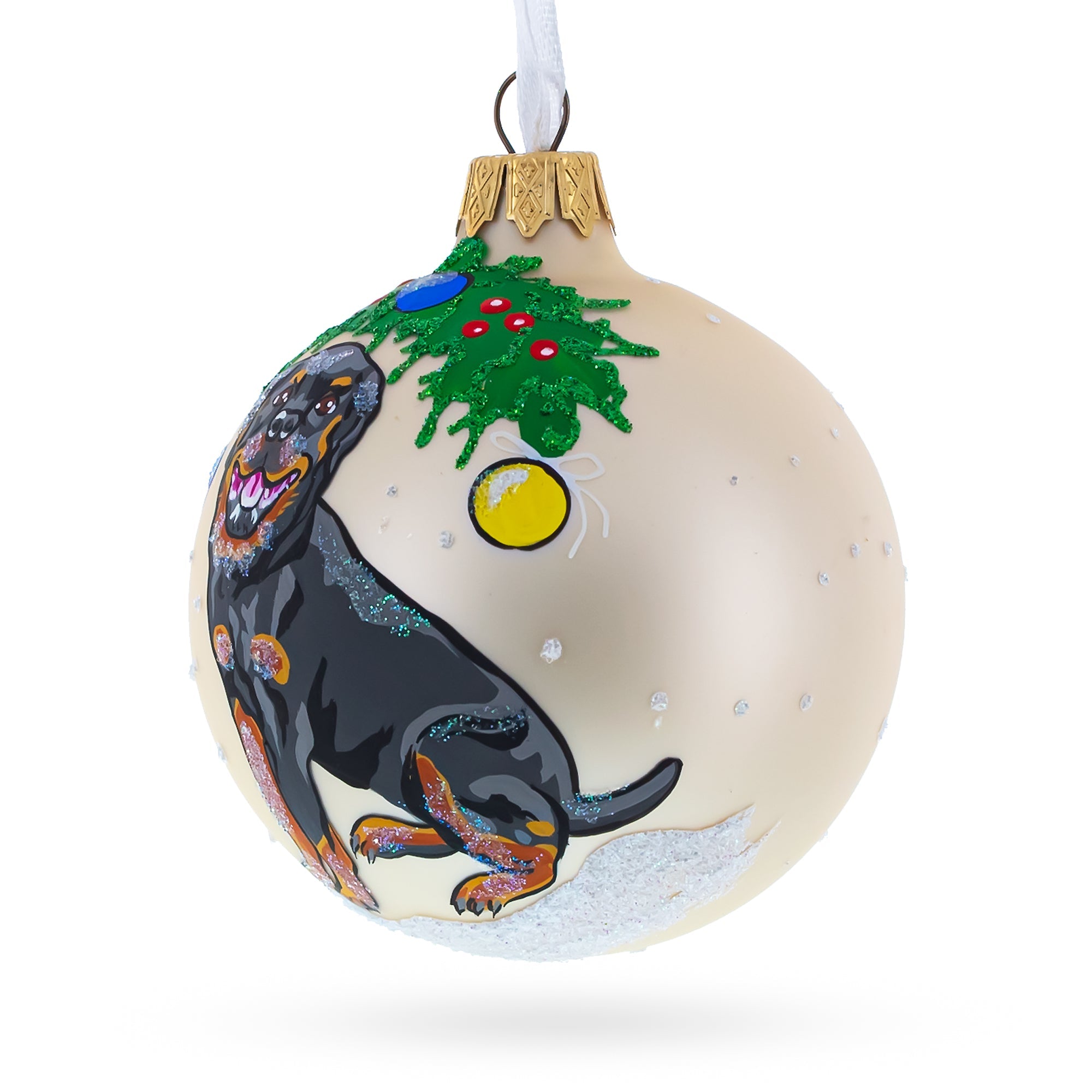 Cheerful Rottweiler Dog Captured In Blown Glass Ball Christmas Ornament 3.25 Inches