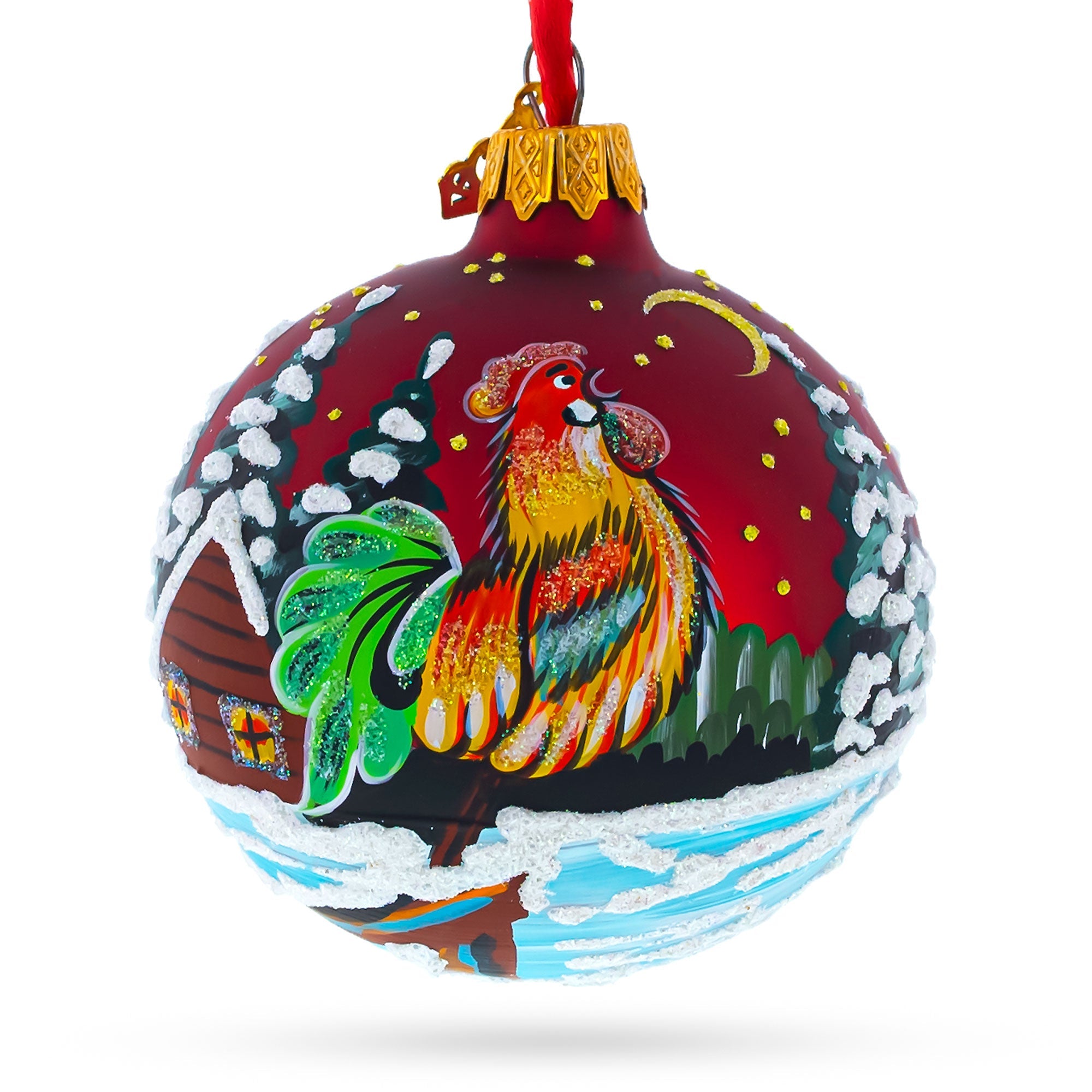 Winter Wonderland Rooster: Vibrant Village Scene On Red Blown Glass Ball Christmas Ornament 3.25 Inches