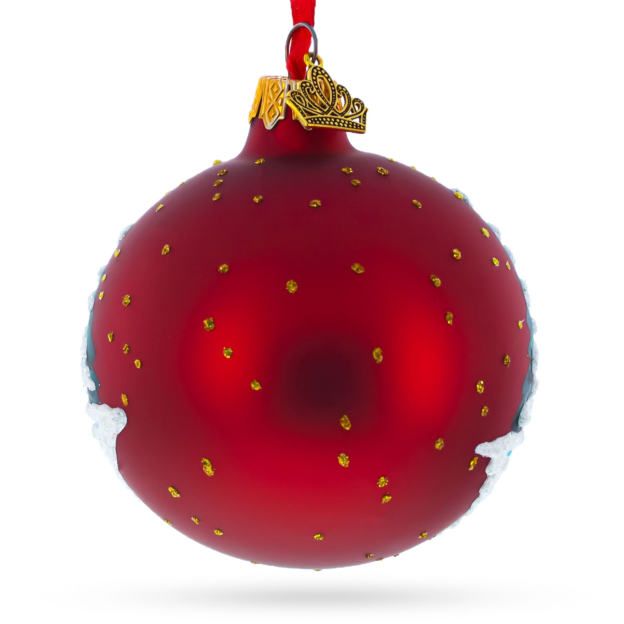 Winter Wonderland Rooster: Vibrant Village Scene On Red Blown Glass Ball Christmas Ornament 3.25 Inches