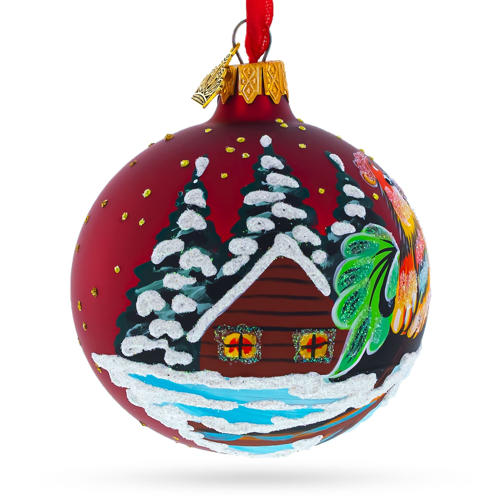 Winter Wonderland Rooster: Vibrant Village Scene On Red Blown Glass Ball Christmas Ornament 3.25 Inches