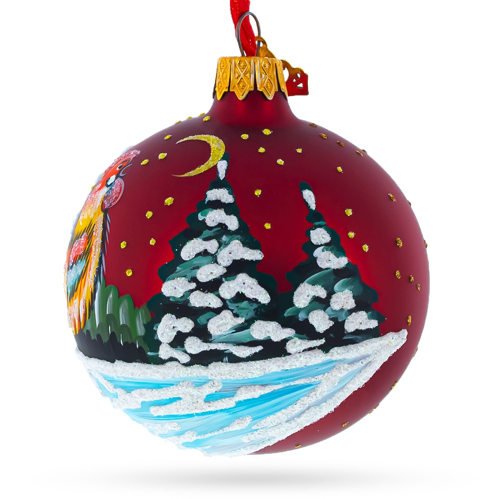 Winter Wonderland Rooster: Vibrant Village Scene On Red Blown Glass Ball Christmas Ornament 3.25 Inches