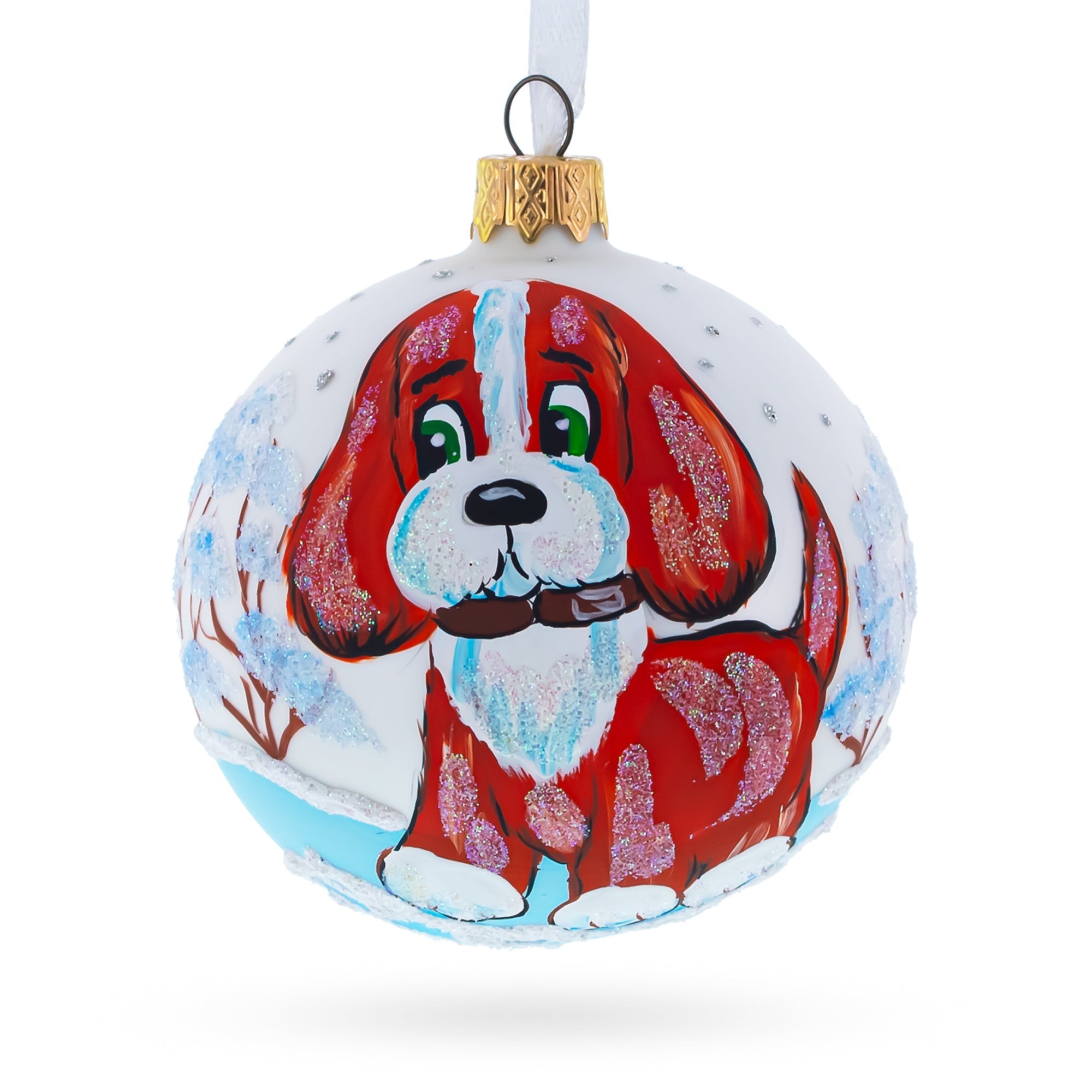 Frolic In The Flurries: Puppy On The Snow Blown Glass Christmas Ornament 3.25 Inches