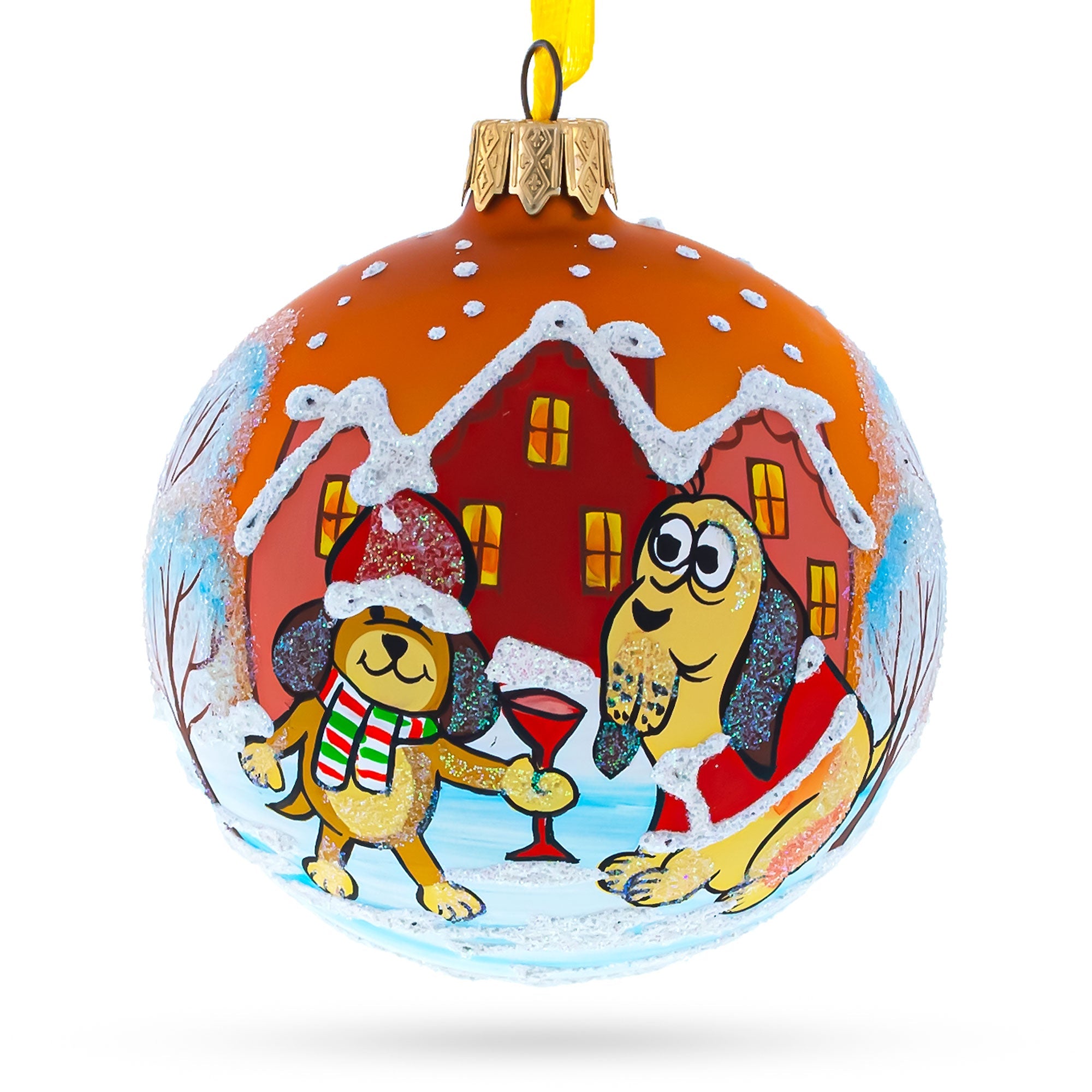 Festive Dogs' Holiday Celebration - Blown Glass Ball Christmas Ornament 3.25 Inches