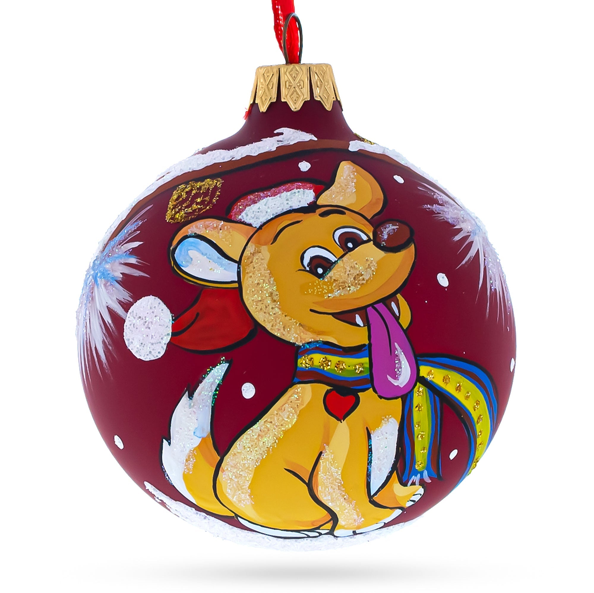 Joyful Dog In Santa Hat - Blown Glass Ball Christmas Ornament 3.25 Inches