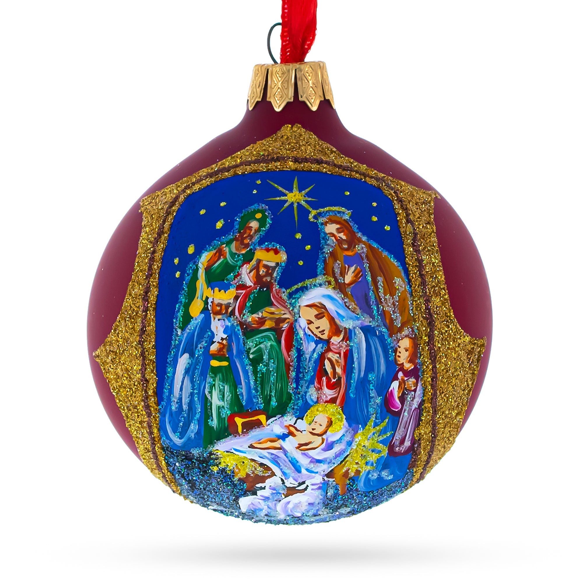 Radiant Nativity Scene In Red Tone Glittered - Blown Glass Ball Christmas Ornament 3.25 Inches