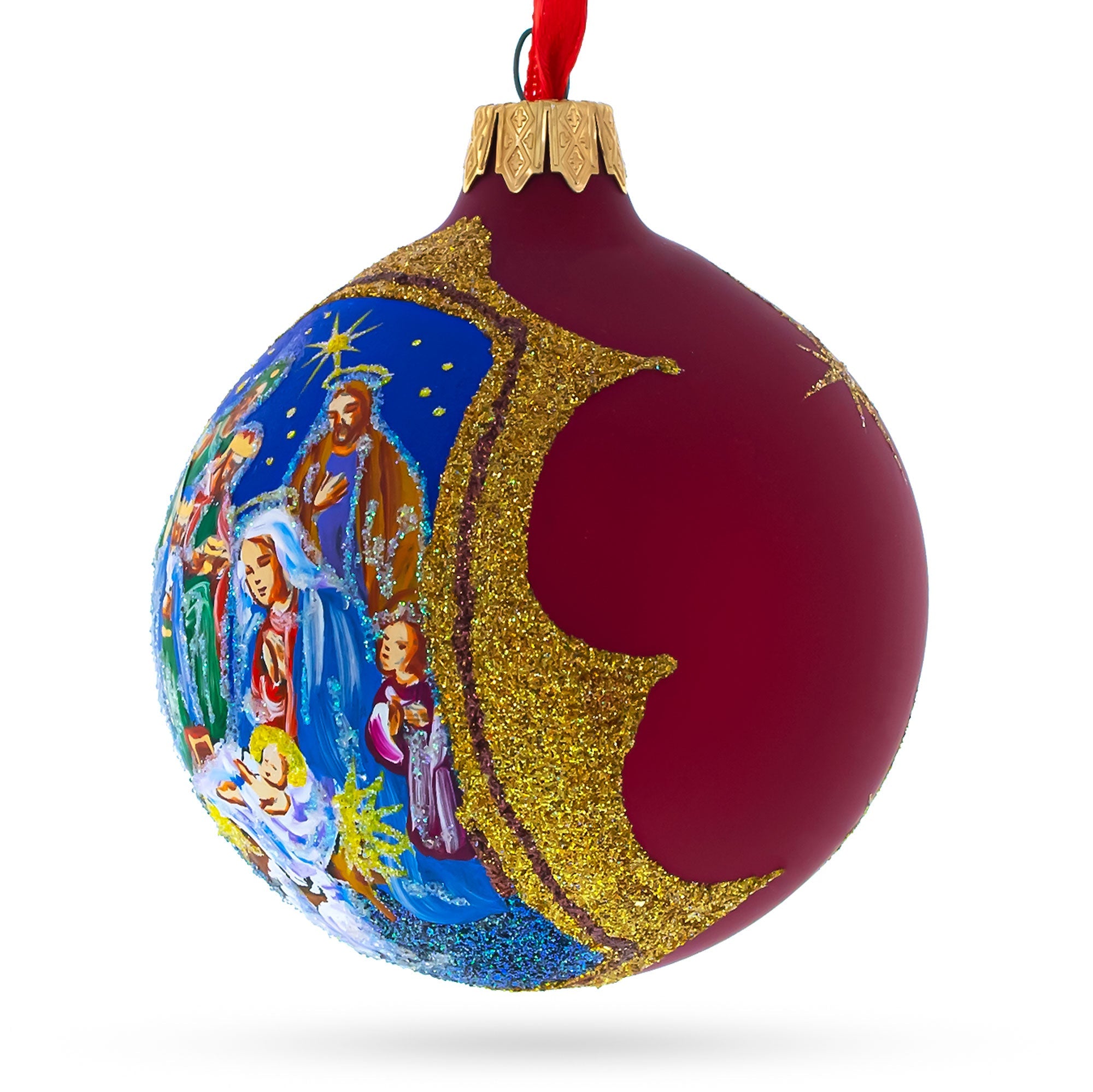 Radiant Nativity Scene In Red Tone Glittered - Blown Glass Ball Christmas Ornament 3.25 Inches