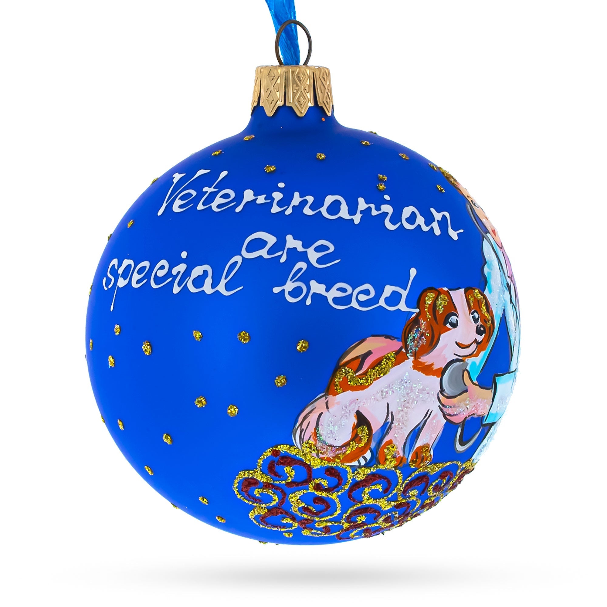 Compassionate Veterinarian Checking Dog - Blown Glass Ball Christmas Ornament 3.25 Inches