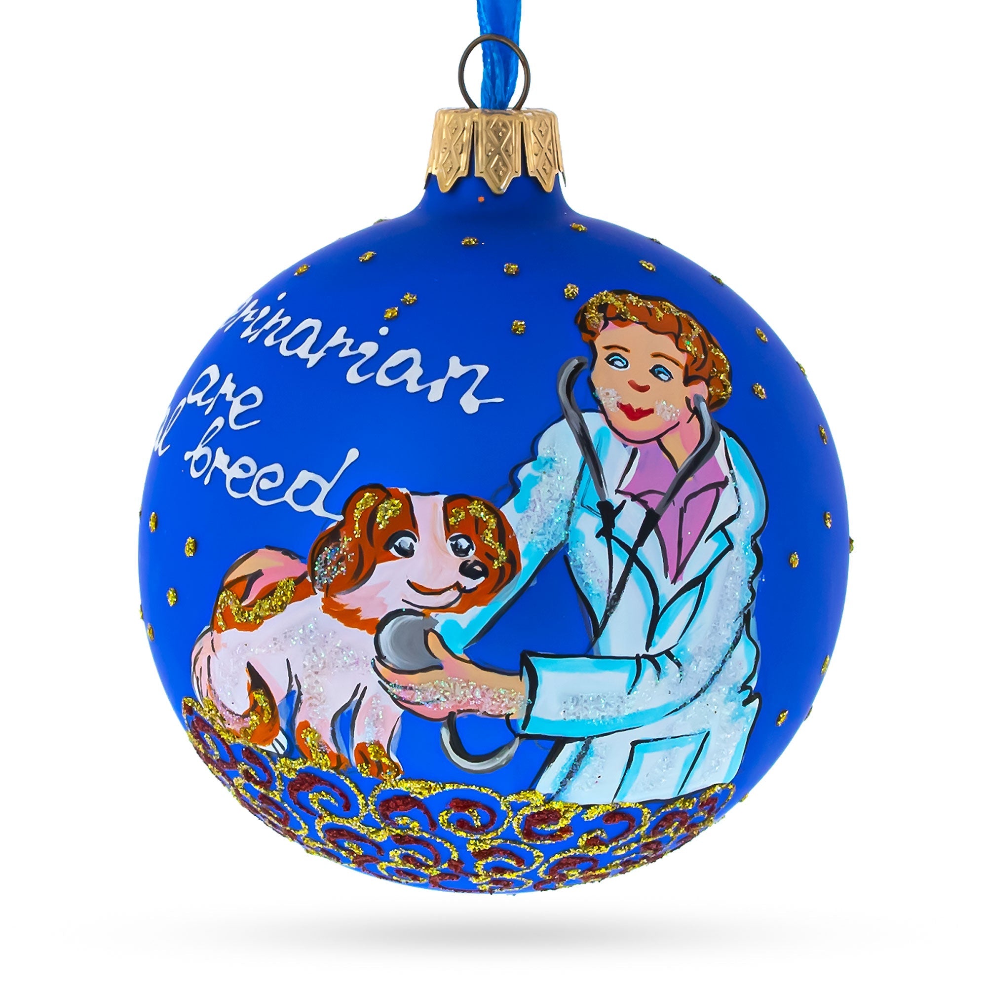 Compassionate Veterinarian Checking Dog - Blown Glass Ball Christmas Ornament 3.25 Inches